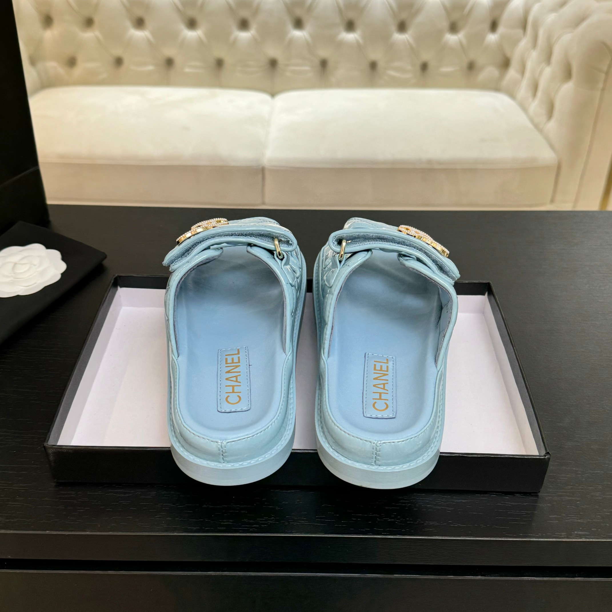 Chanel Women's Blue Lambskin Leather Velcro Sandals 7 a1744188005537 6804
