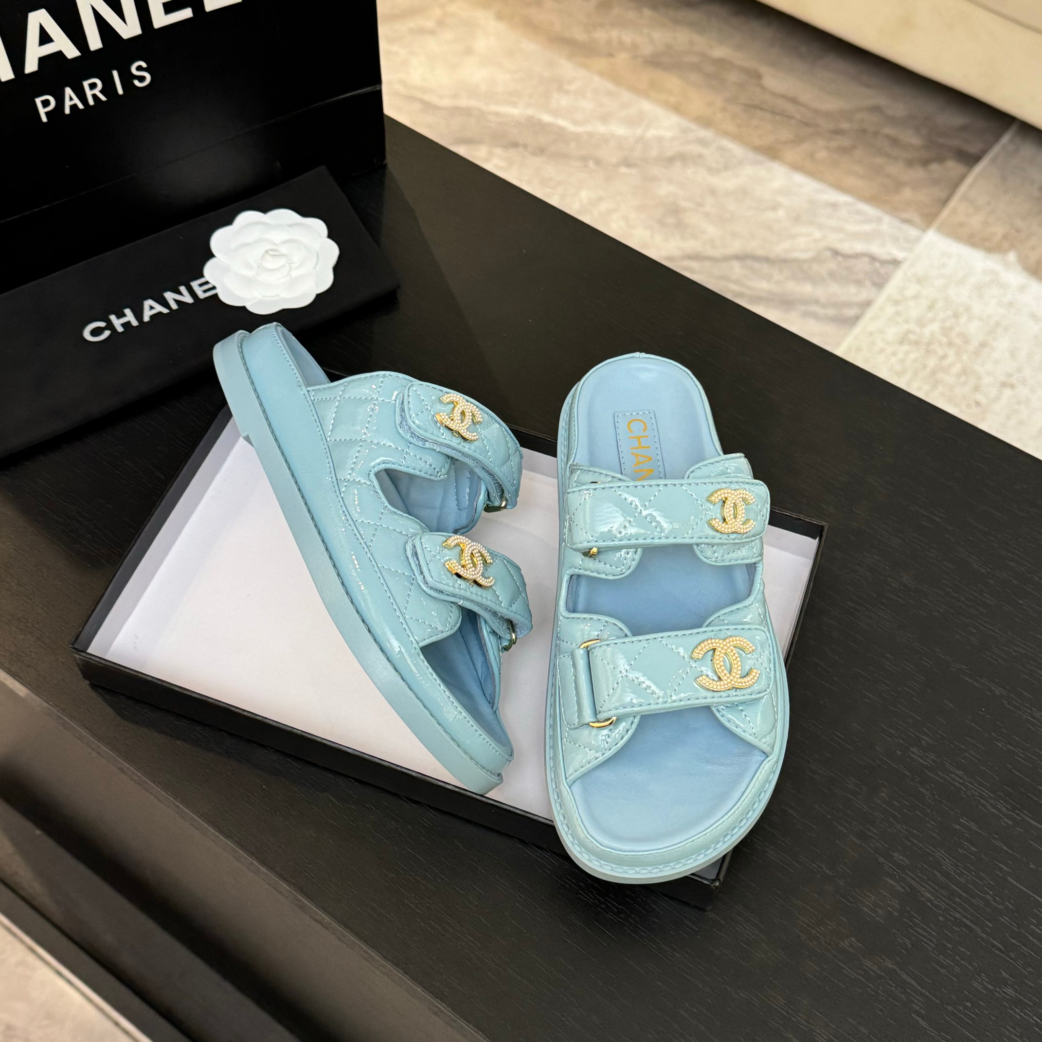 Chanel Women's Blue Lambskin Leather Velcro Sandals 8 a1744188005611 8011