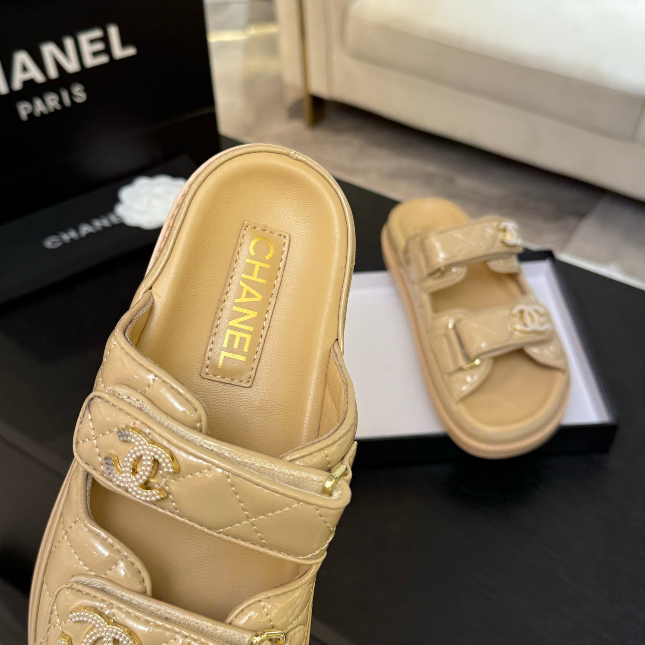Chanel Women's Beige Lambskin Velcro Sandals, Size 35-39, 2025 Spring/Summer 8 a1744188021328 3665