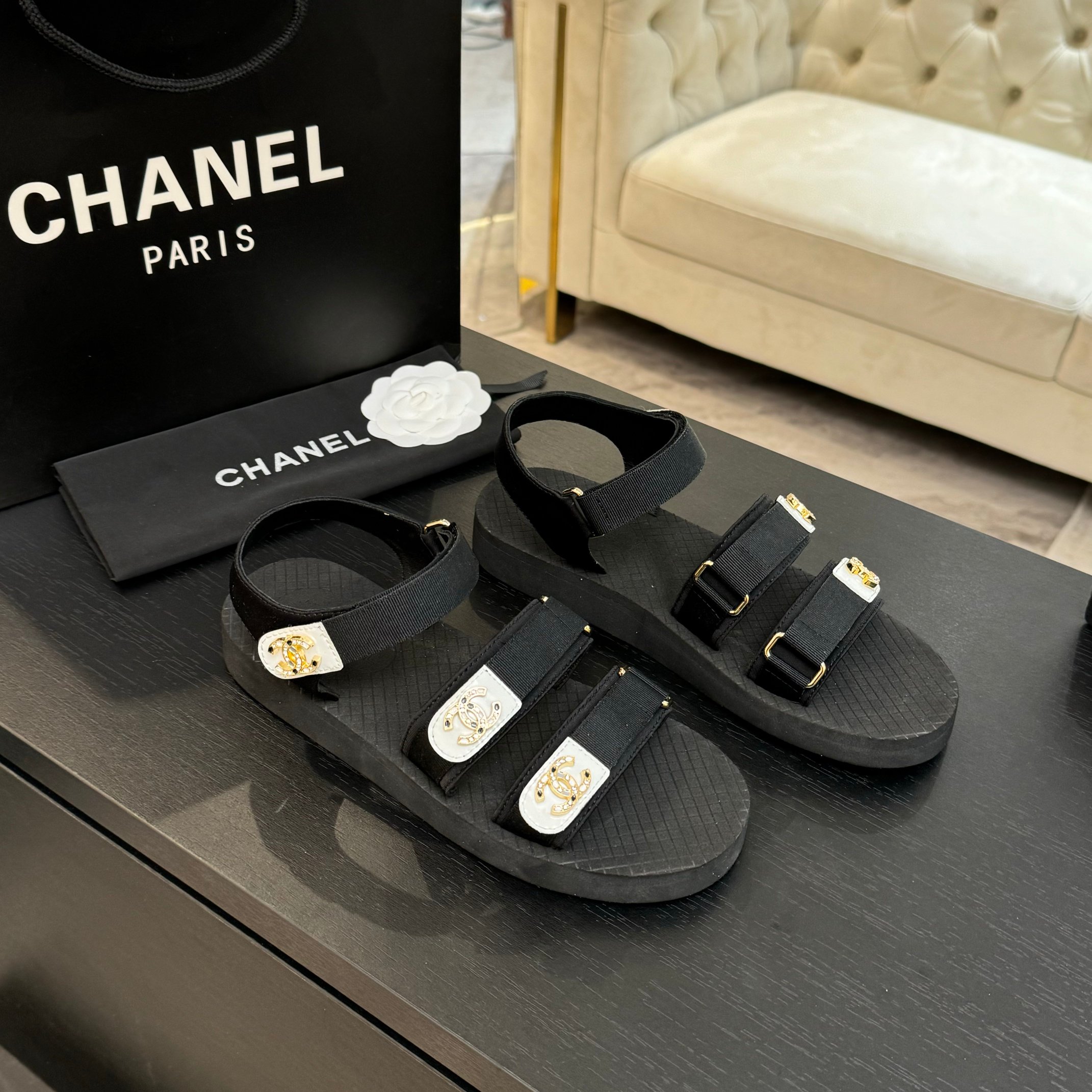 Chanel 25P Spring/Summer Rhinestone CC Beach Velcro Sandals - Lightweight Comfort 1 Chanel 25P Spring/Summer Rhinestone CC Beach Velcro Sandals - Lightweight Comfort