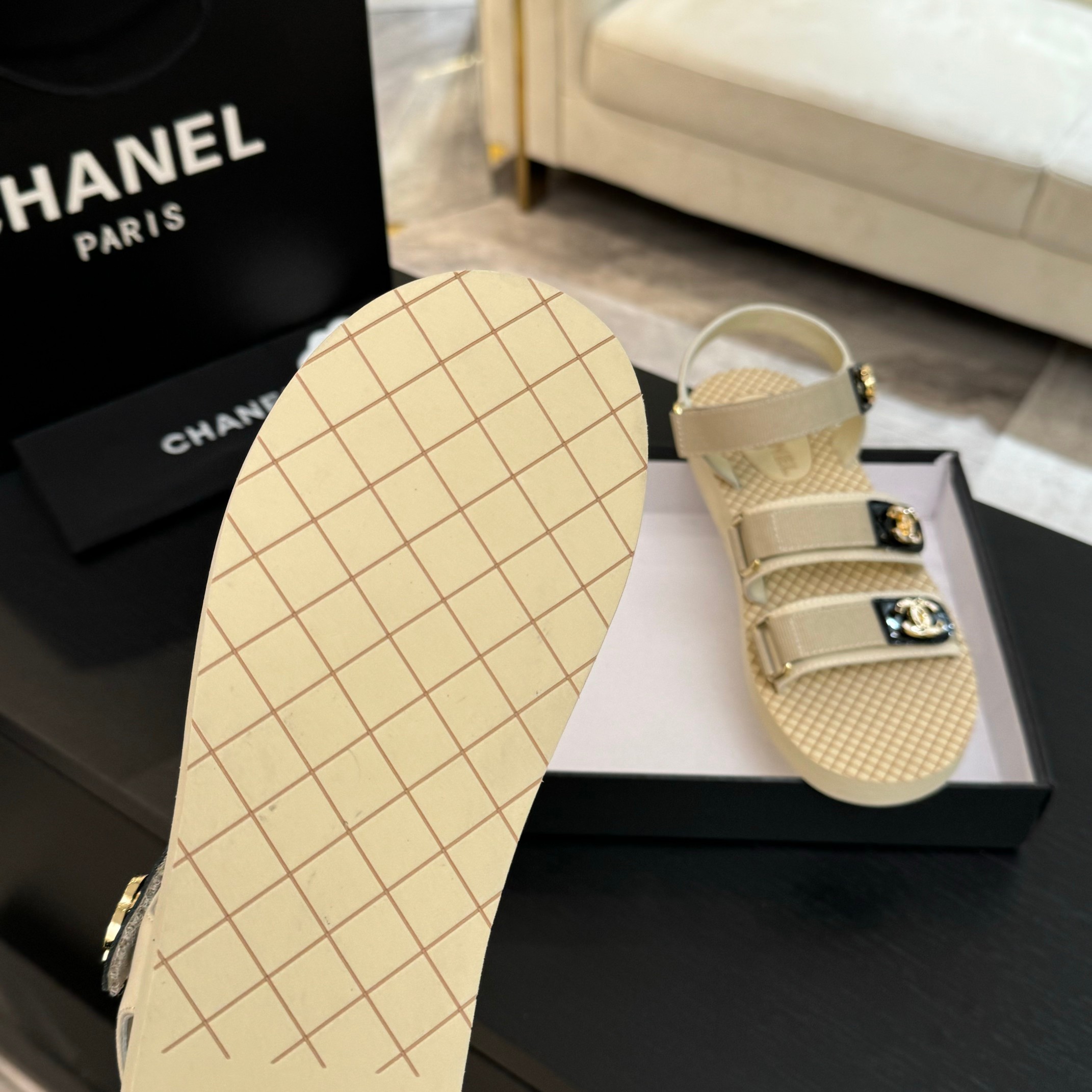 Chanel Women's Beige CC Logo Velcro Strap Sandals Summer Beach Shoes 6 a1744276117138 3182