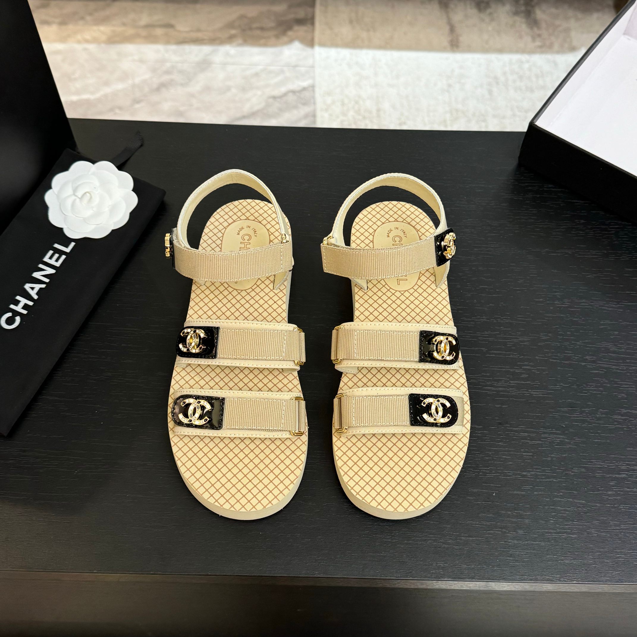 Chanel Women's Beige CC Logo Velcro Strap Sandals Summer Beach Shoes 3 a1744276117510 3530
