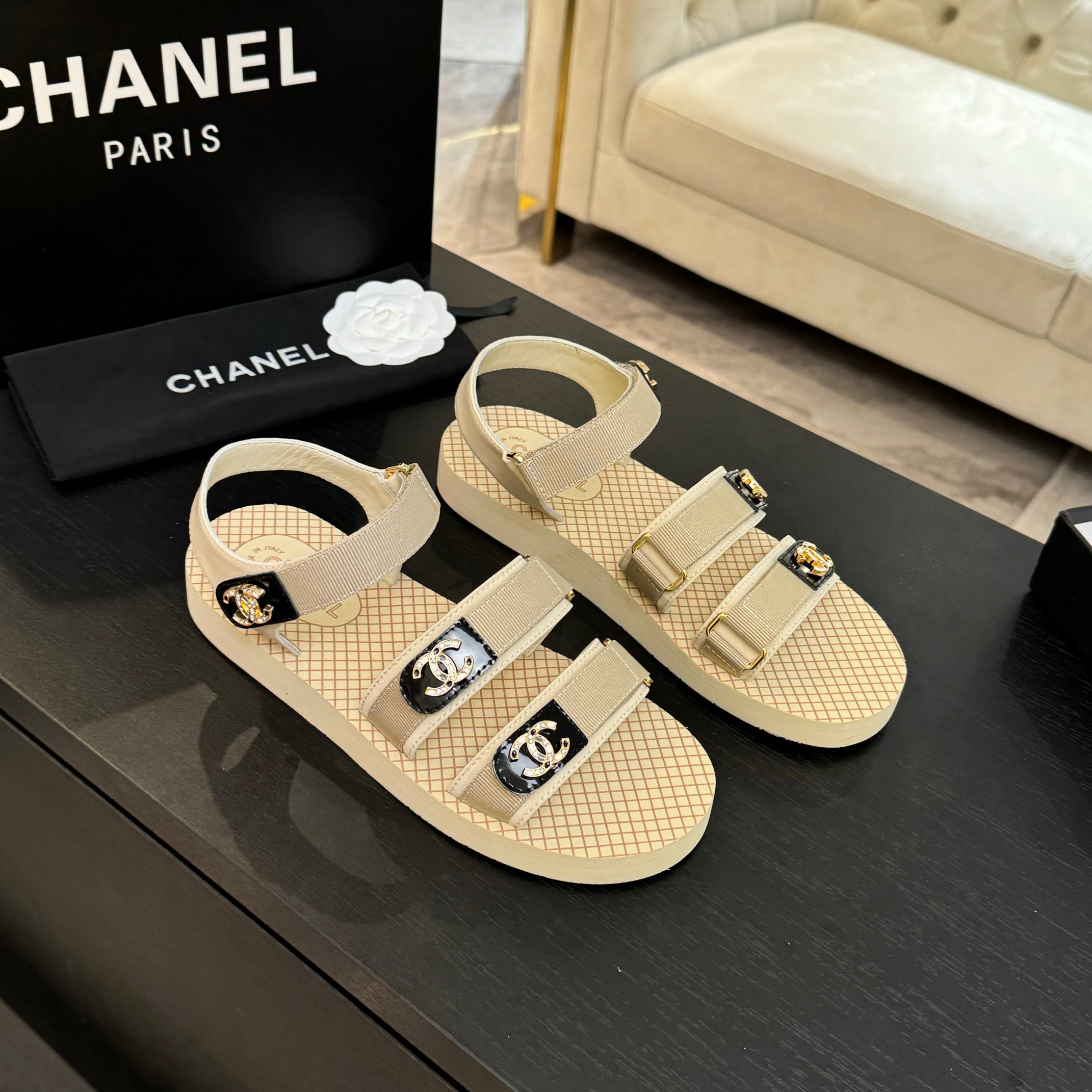 Chanel Women's Beige CC Logo Velcro Strap Sandals Summer Beach Shoes 2 a1744276117712 2084