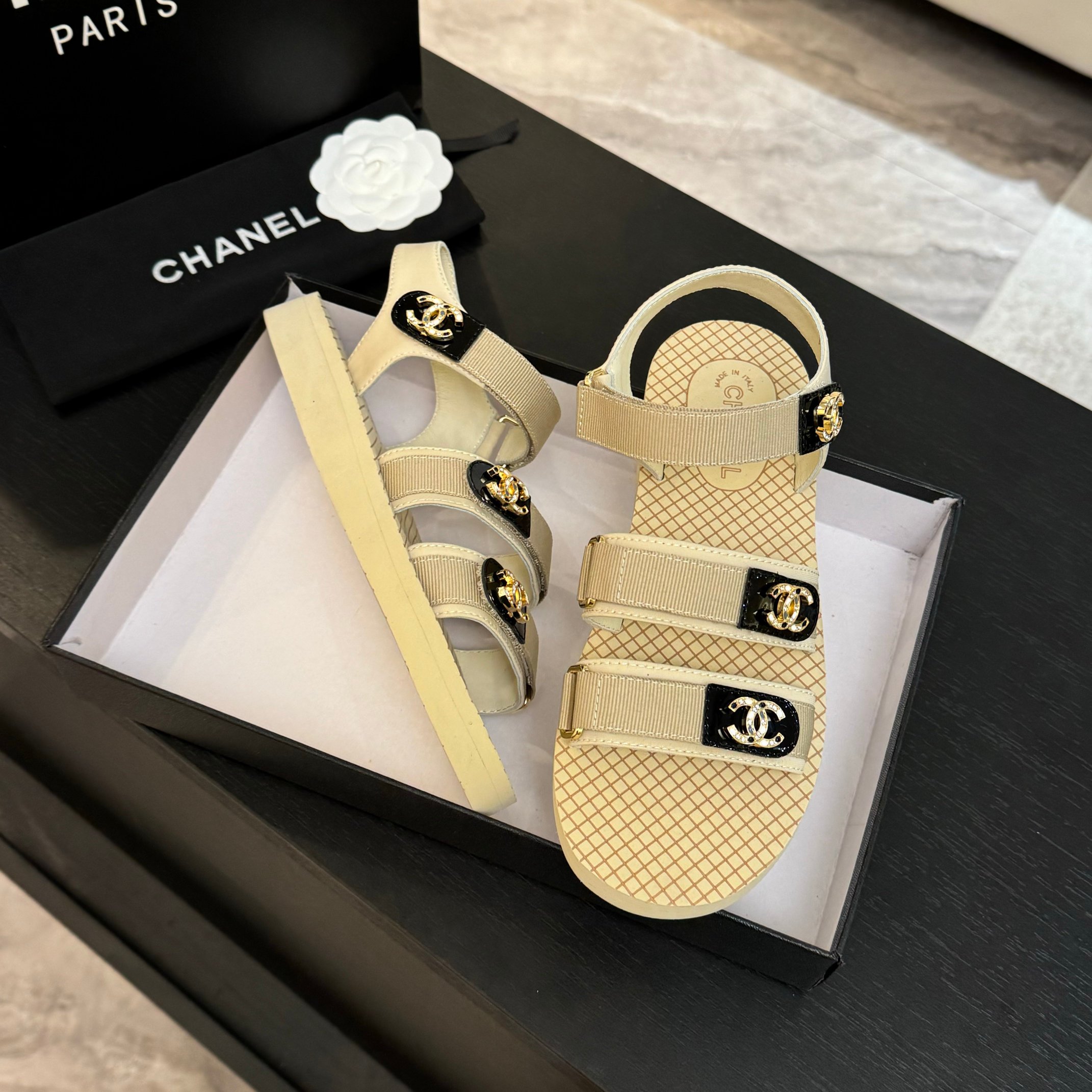 Chanel Women's Beige CC Logo Velcro Strap Sandals Summer Beach Shoes 8 a1744276120302 6184