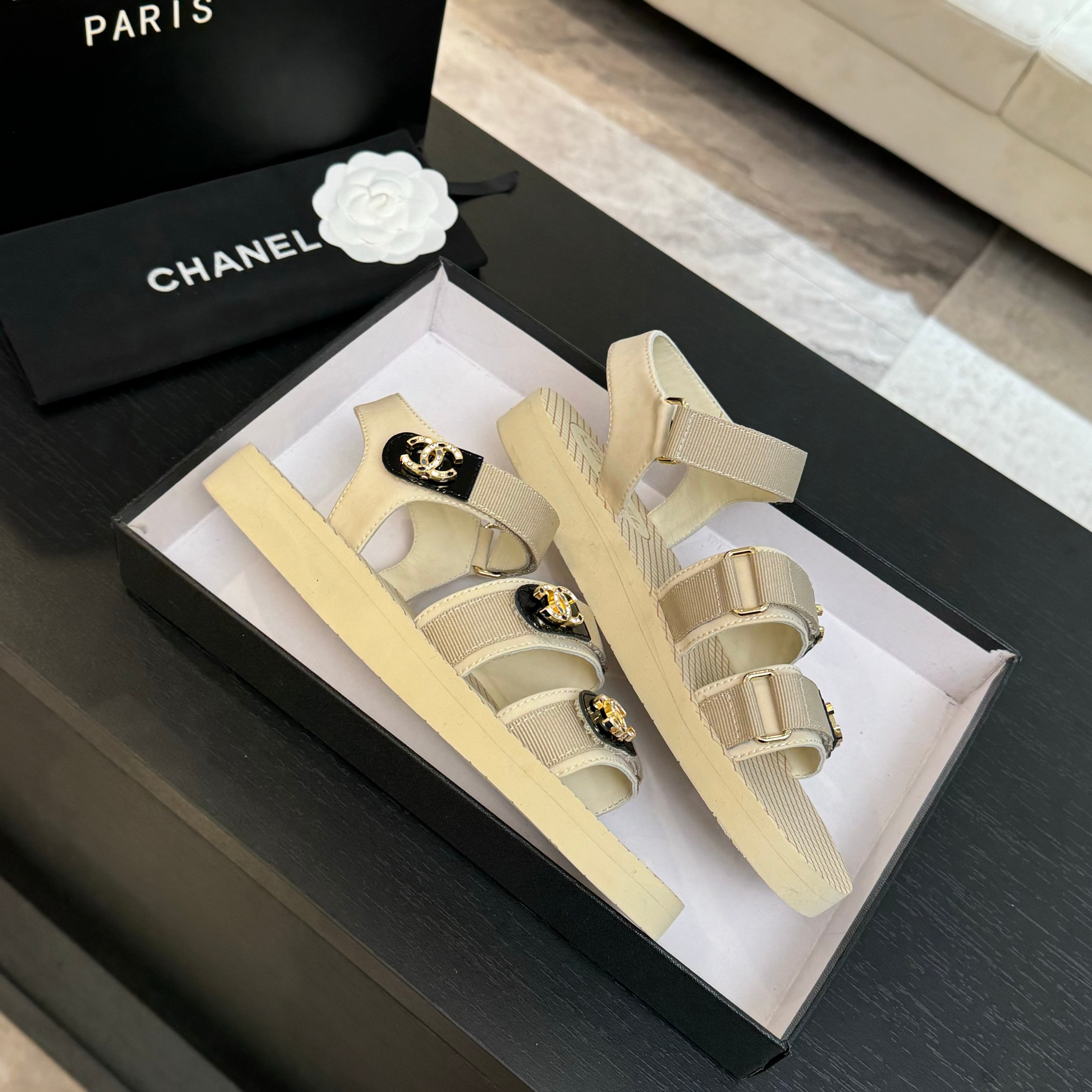 Chanel Women's Beige CC Logo Velcro Strap Sandals Summer Beach Shoes 7 a1744276120305 4830