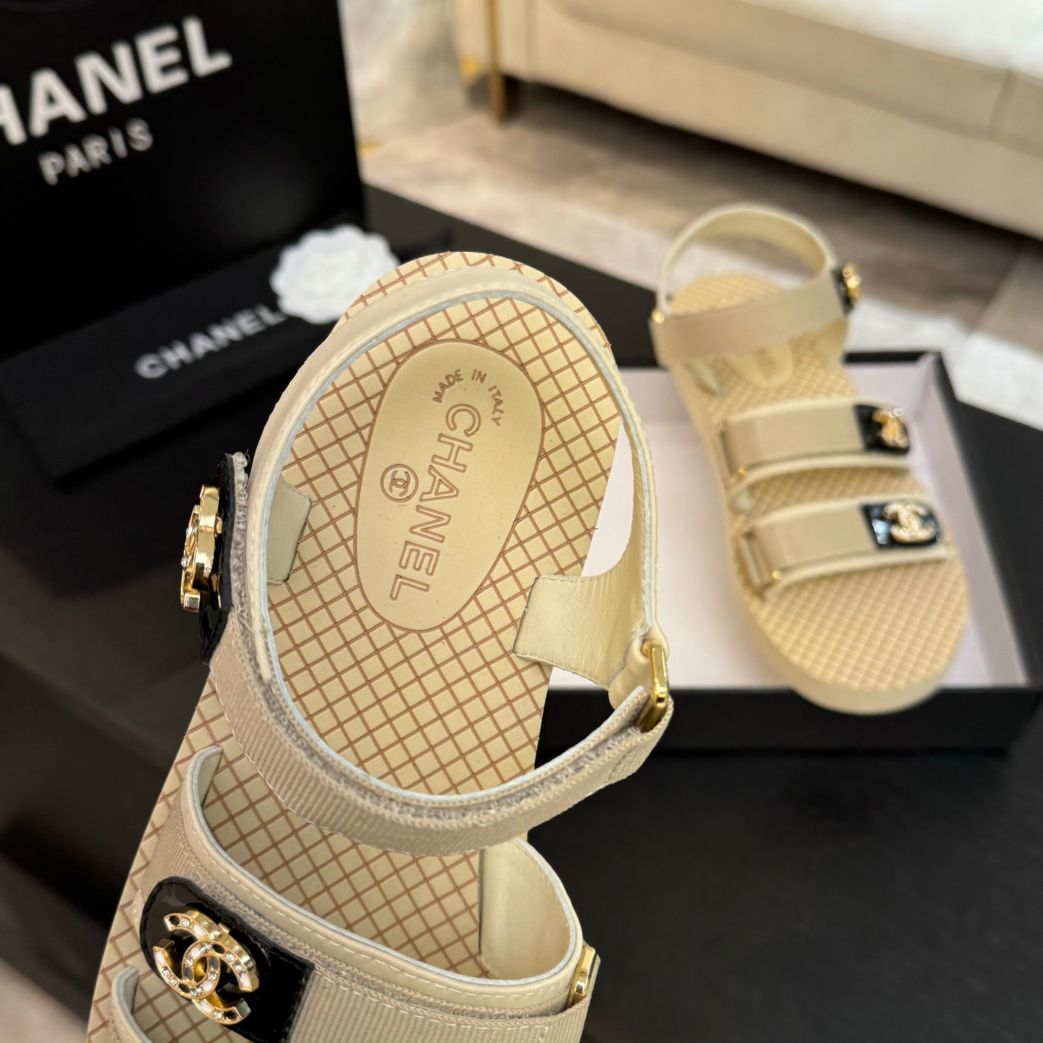 Chanel Women's Beige CC Logo Velcro Strap Sandals Summer Beach Shoes 9 a1744276120351 6470