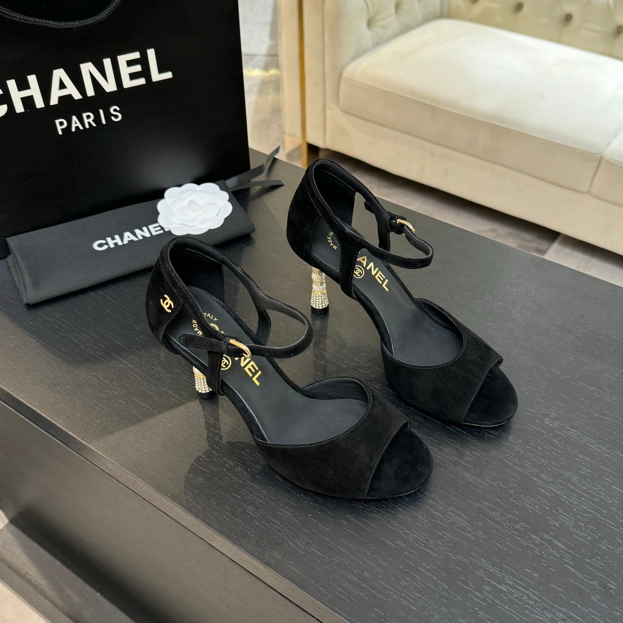 Chanel Women's Black Suede Heeled Sandals with Pearl Embellishments 4 a1745832363402 1817