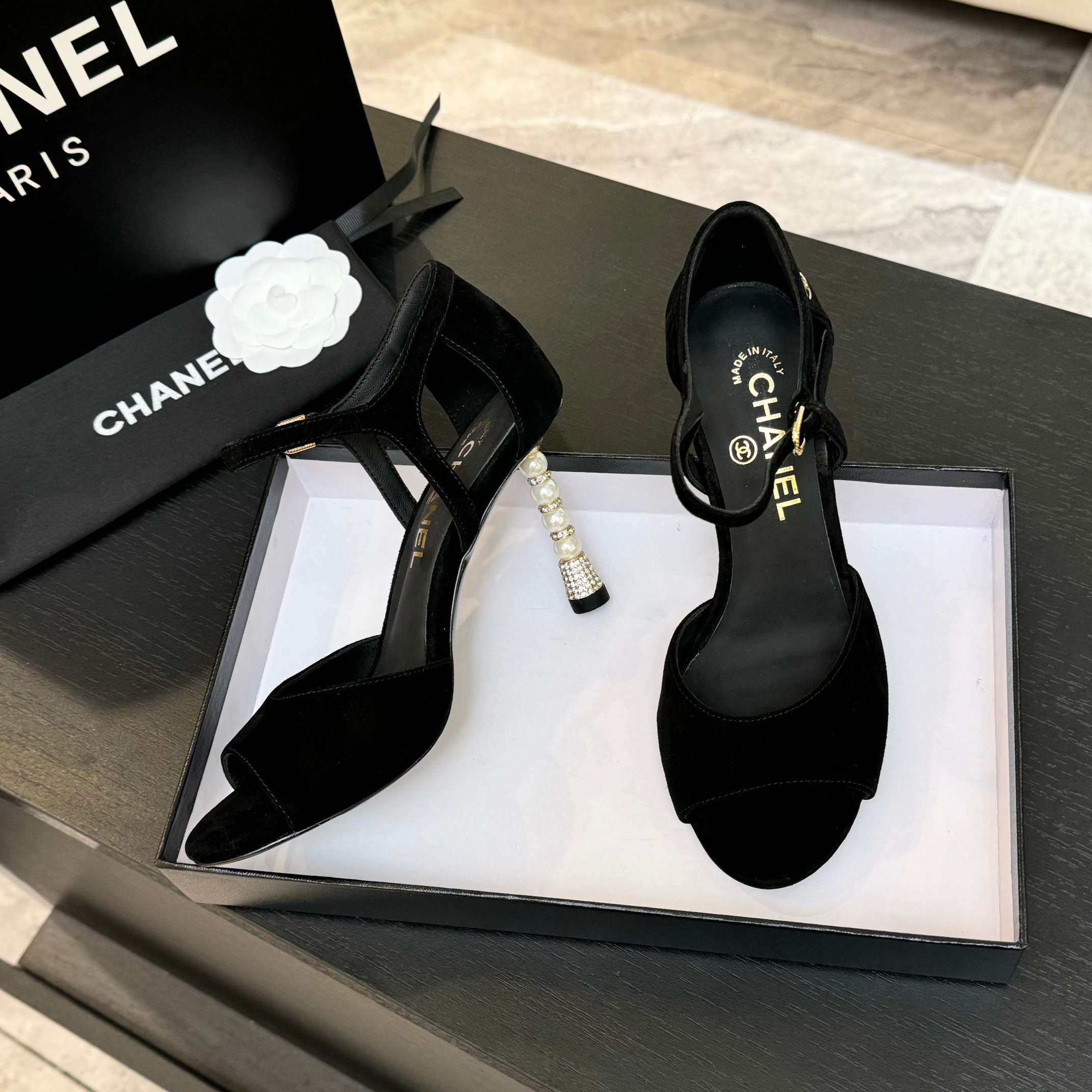 Chanel Women's Black Suede Heeled Sandals with Pearl Embellishments 3 a1745832363403 1670