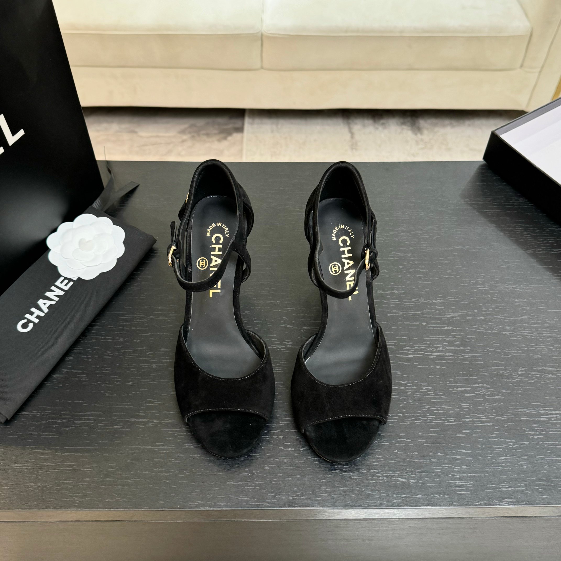 Chanel Women's Black Suede Heeled Sandals with Pearl Embellishments 6 a1745832363417 3361