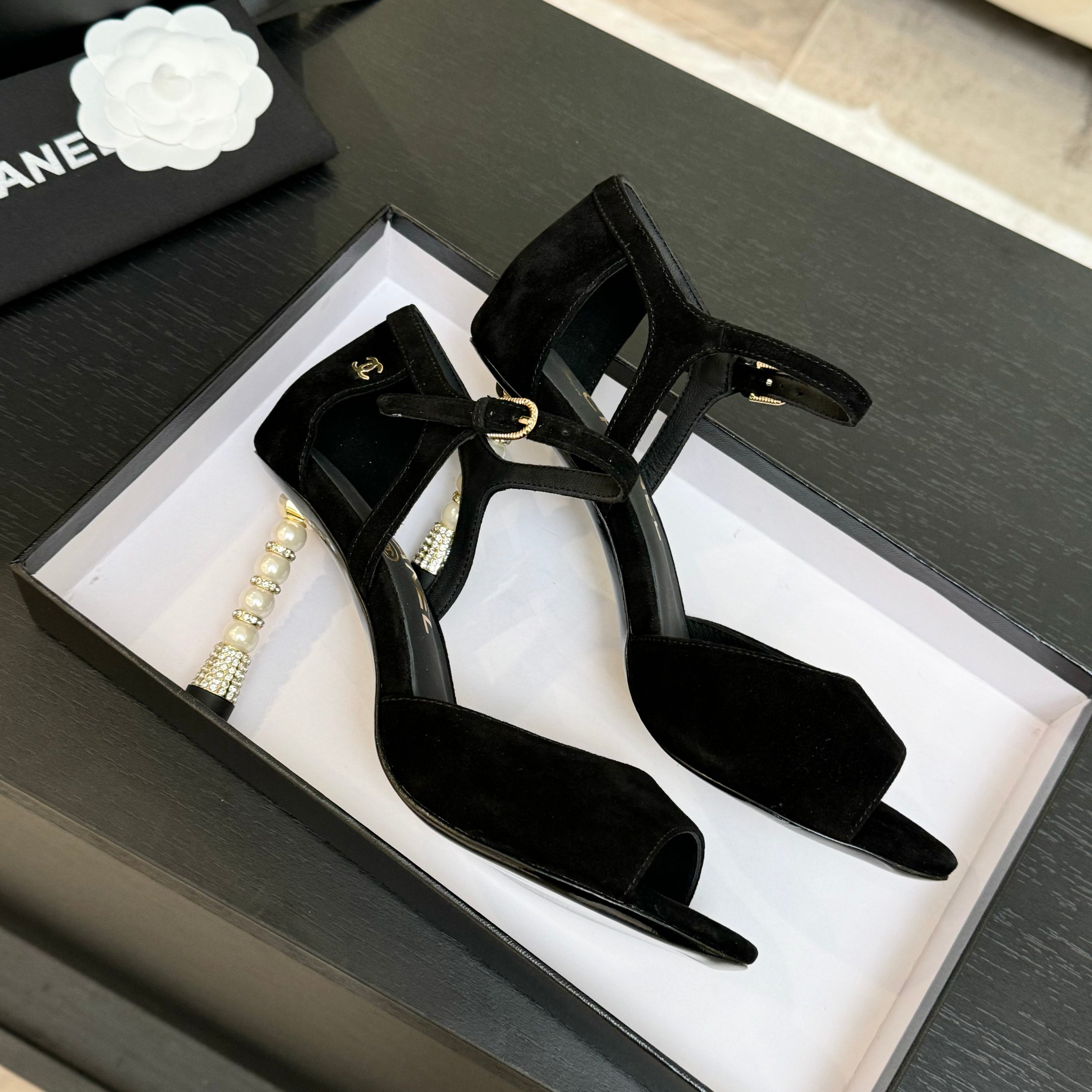 Chanel Women's Black Suede Heeled Sandals with Pearl Embellishments 2 a1745832363727 6265