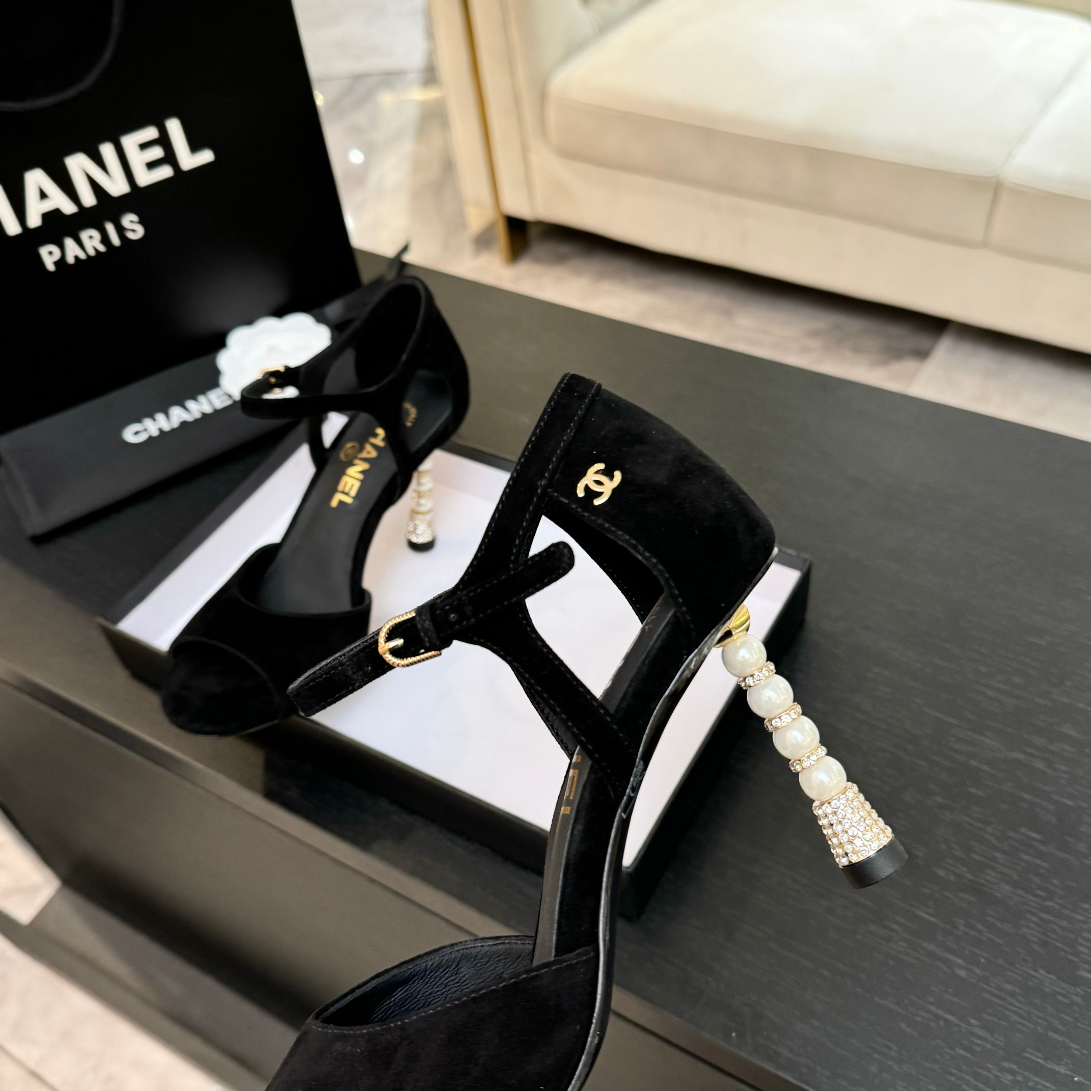 Chanel Women's Black Suede Heeled Sandals with Pearl Embellishments 5 a1745832365338 5262