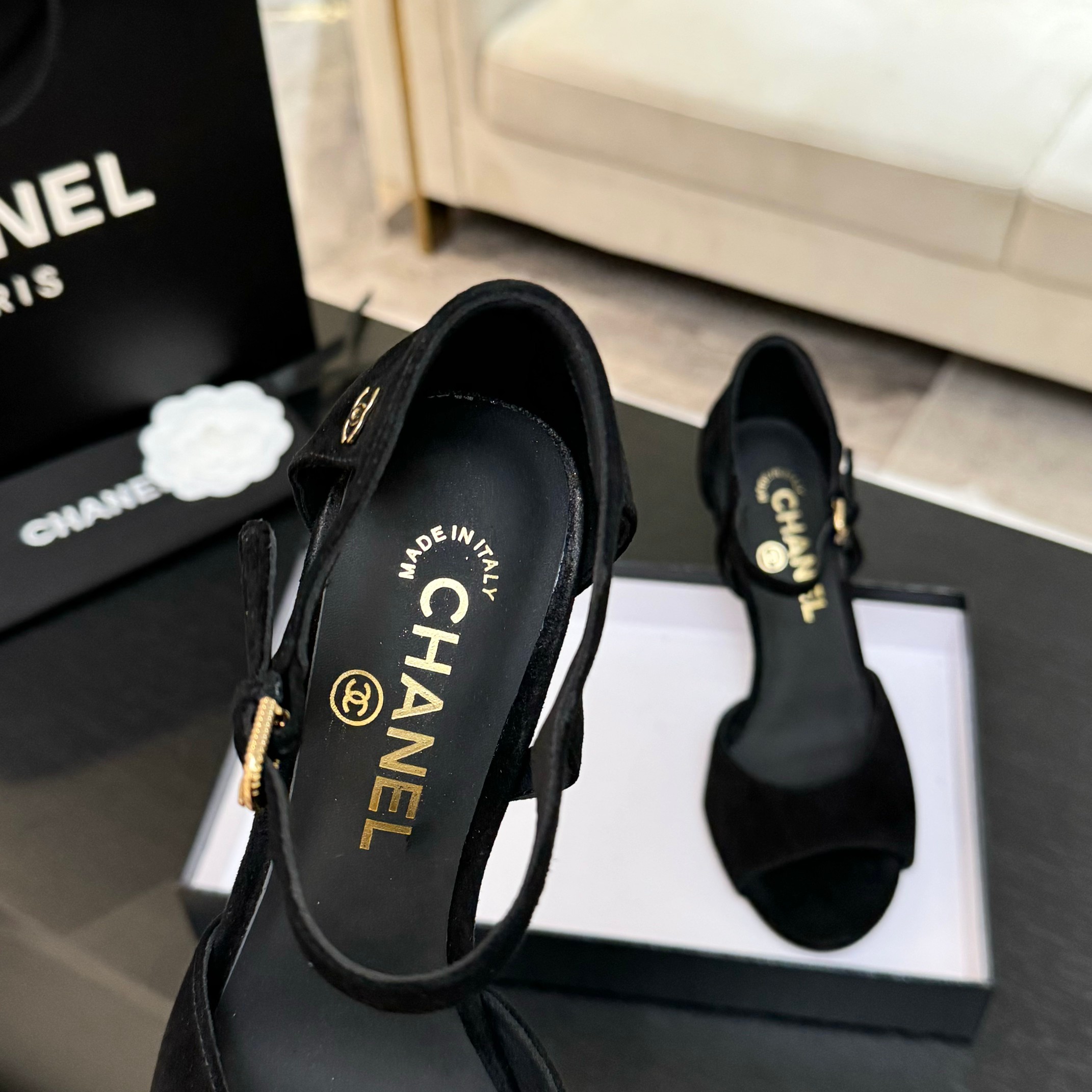 Chanel Women's Black Suede Heeled Sandals with Pearl Embellishments 10 a1745832365345 3320