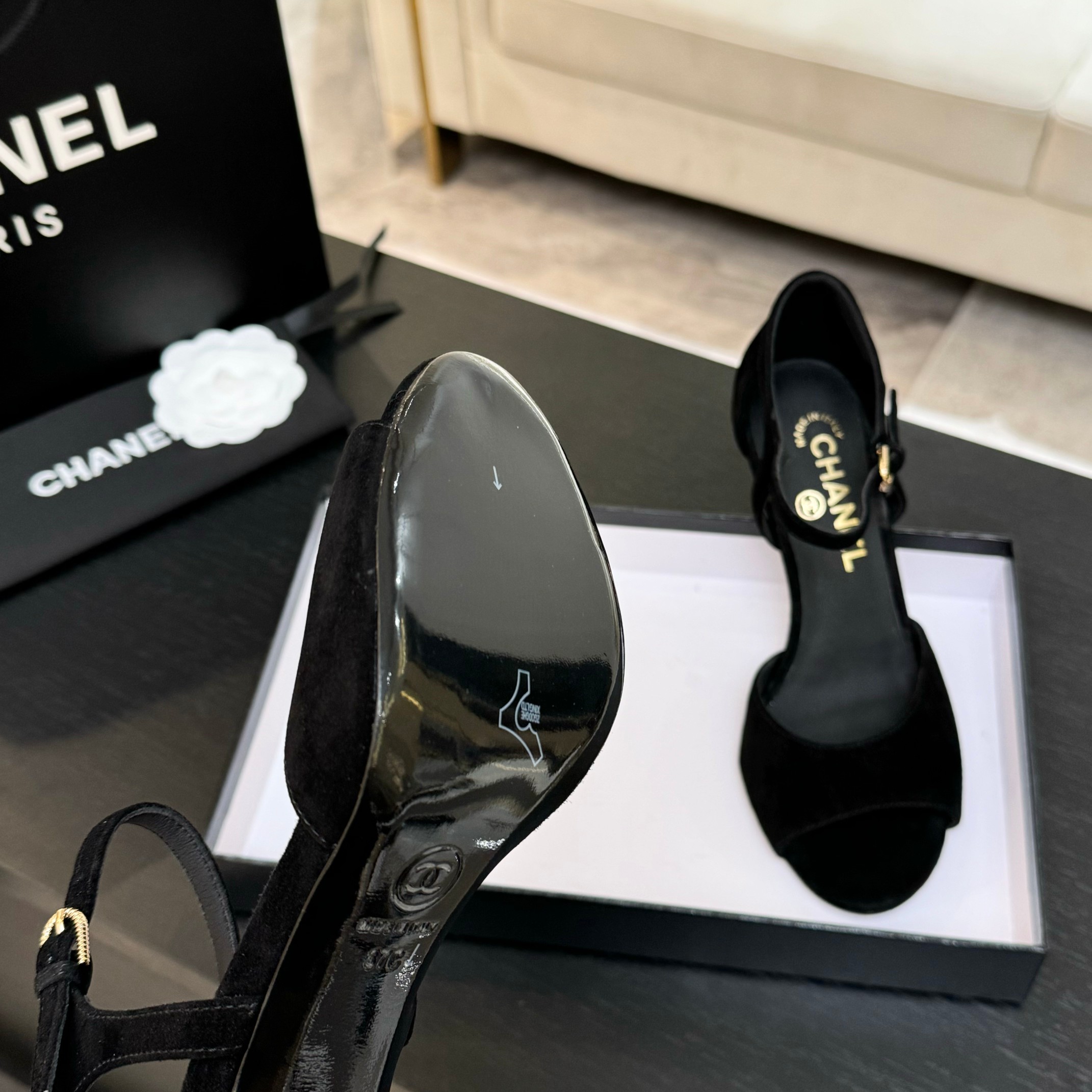 Chanel Women's Black Suede Heeled Sandals with Pearl Embellishments 8 a1745832365369 8412