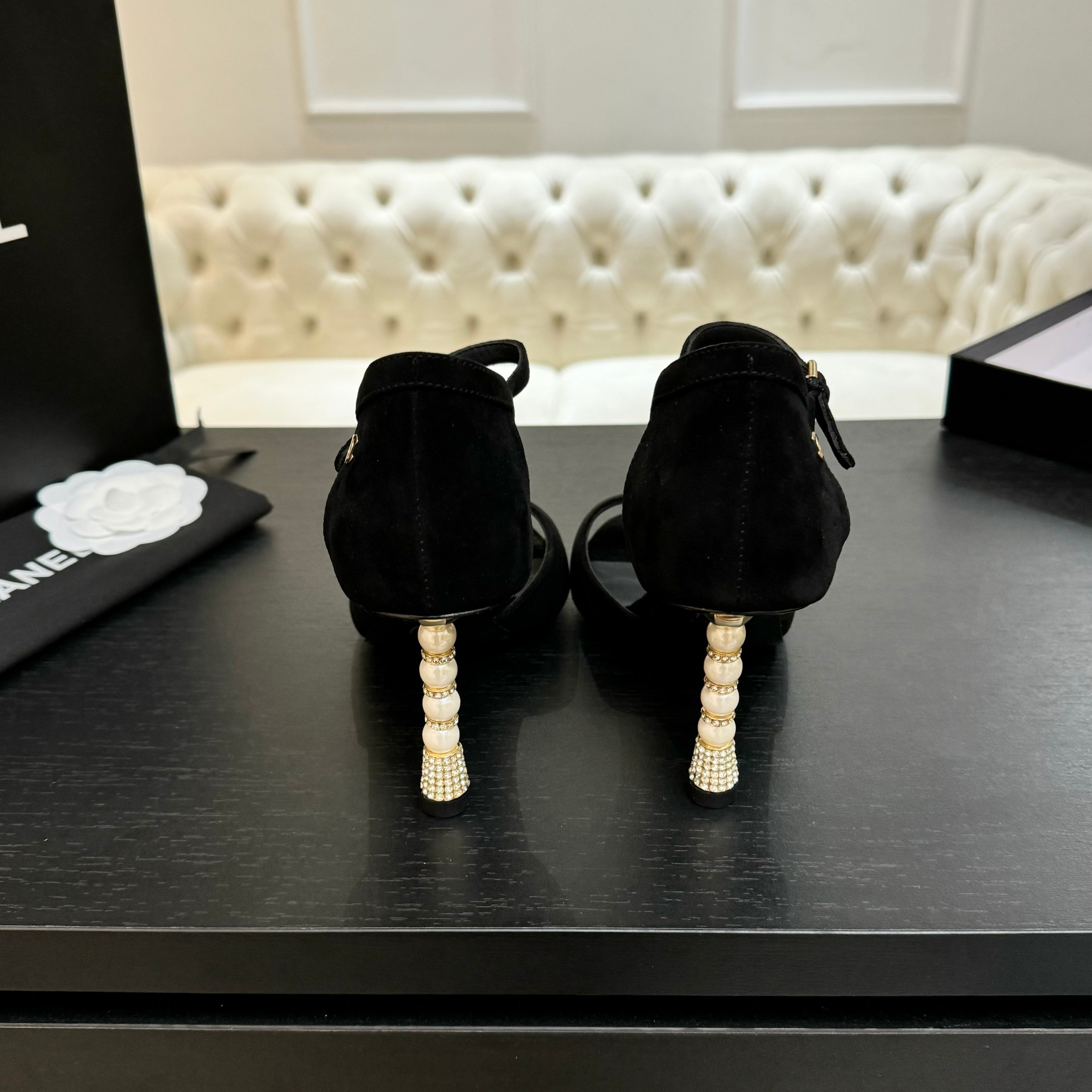 Chanel Women's Black Suede Heeled Sandals with Pearl Embellishments 9 a1745832365377 7133