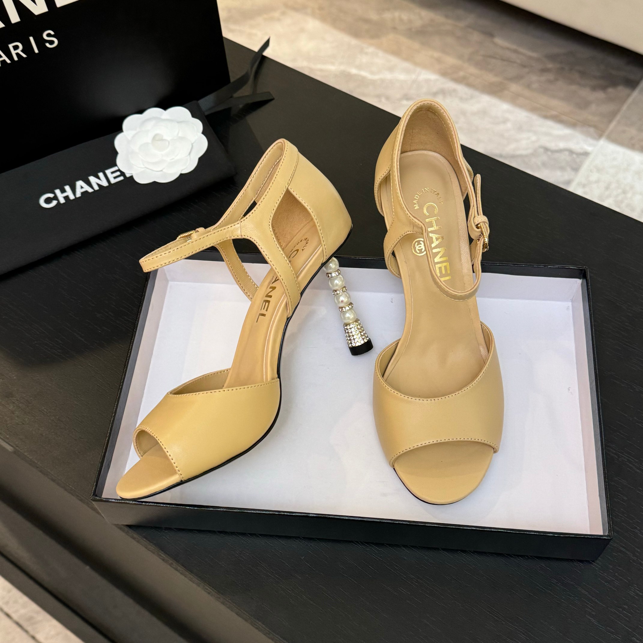 Chanel Women's Pearl Heel Open Toe Sandal, Elegant High Heel, Beige Leather 6 a1745832389833 3688