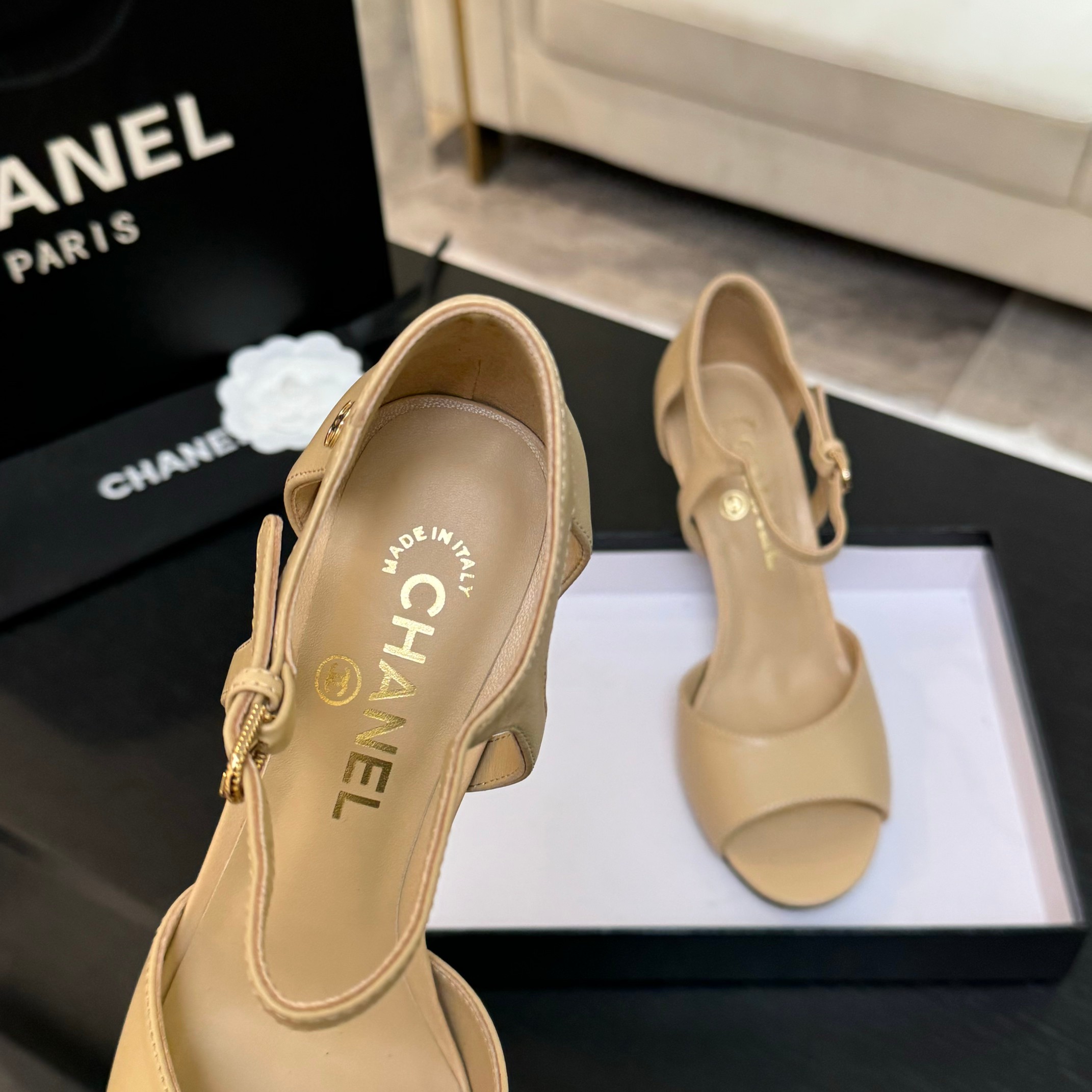 Chanel Women's Pearl Heel Open Toe Sandal, Elegant High Heel, Beige Leather 5 a1745832399291 3255