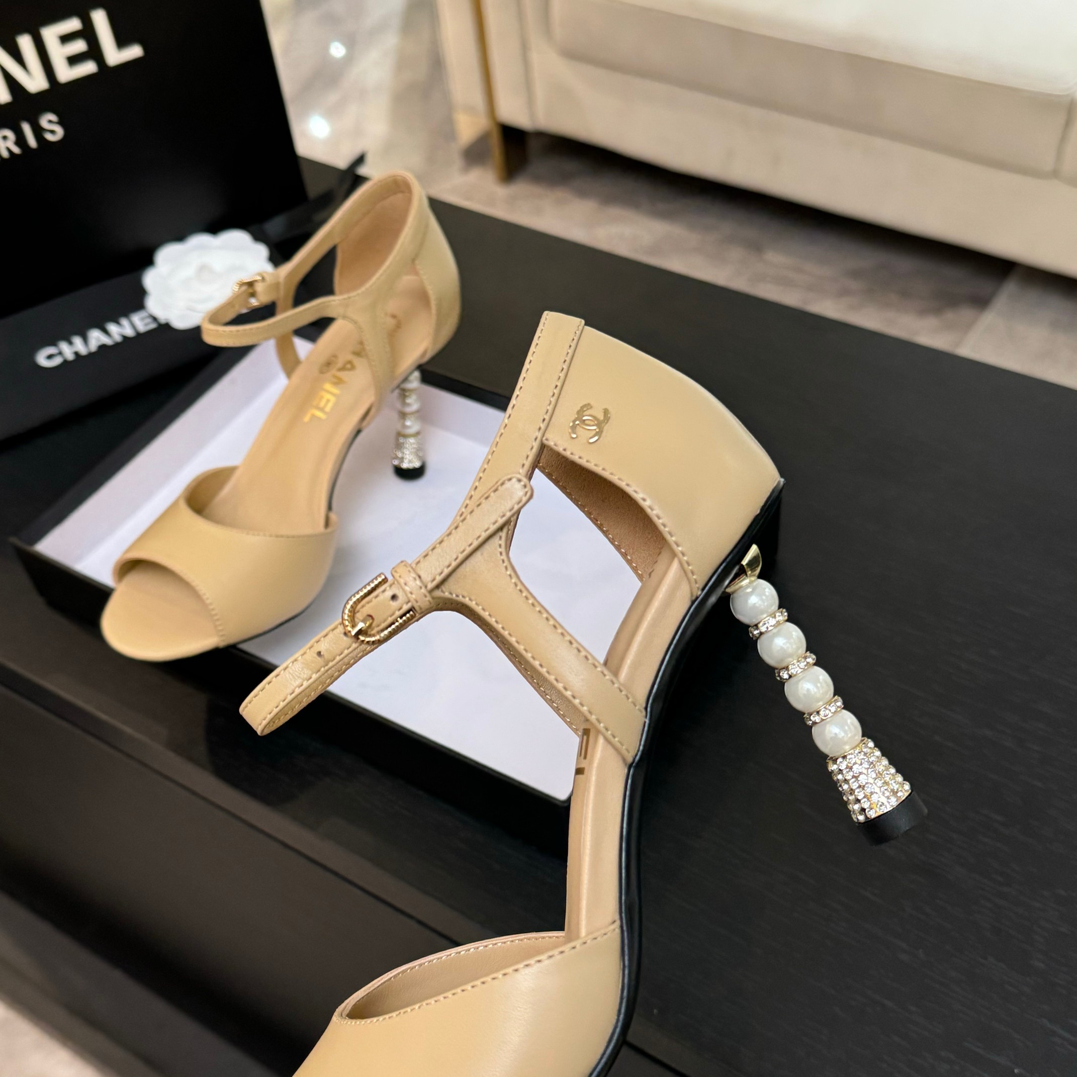 Chanel Women's Pearl Heel Open Toe Sandal, Elegant High Heel, Beige Leather 7 a1745832399353 8012