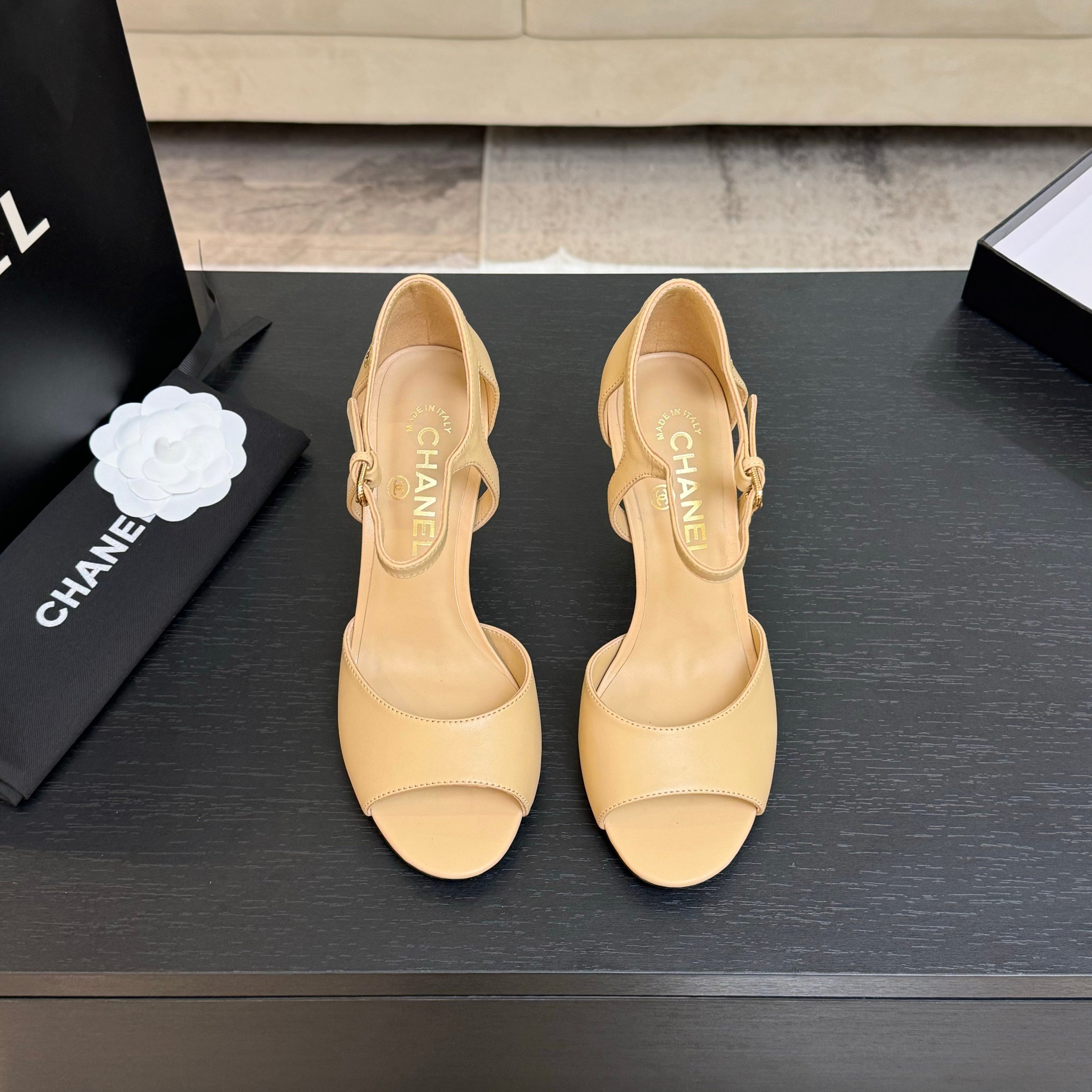 Chanel Women's Pearl Heel Open Toe Sandal, Elegant High Heel, Beige Leather 3 a1745832399459 0818
