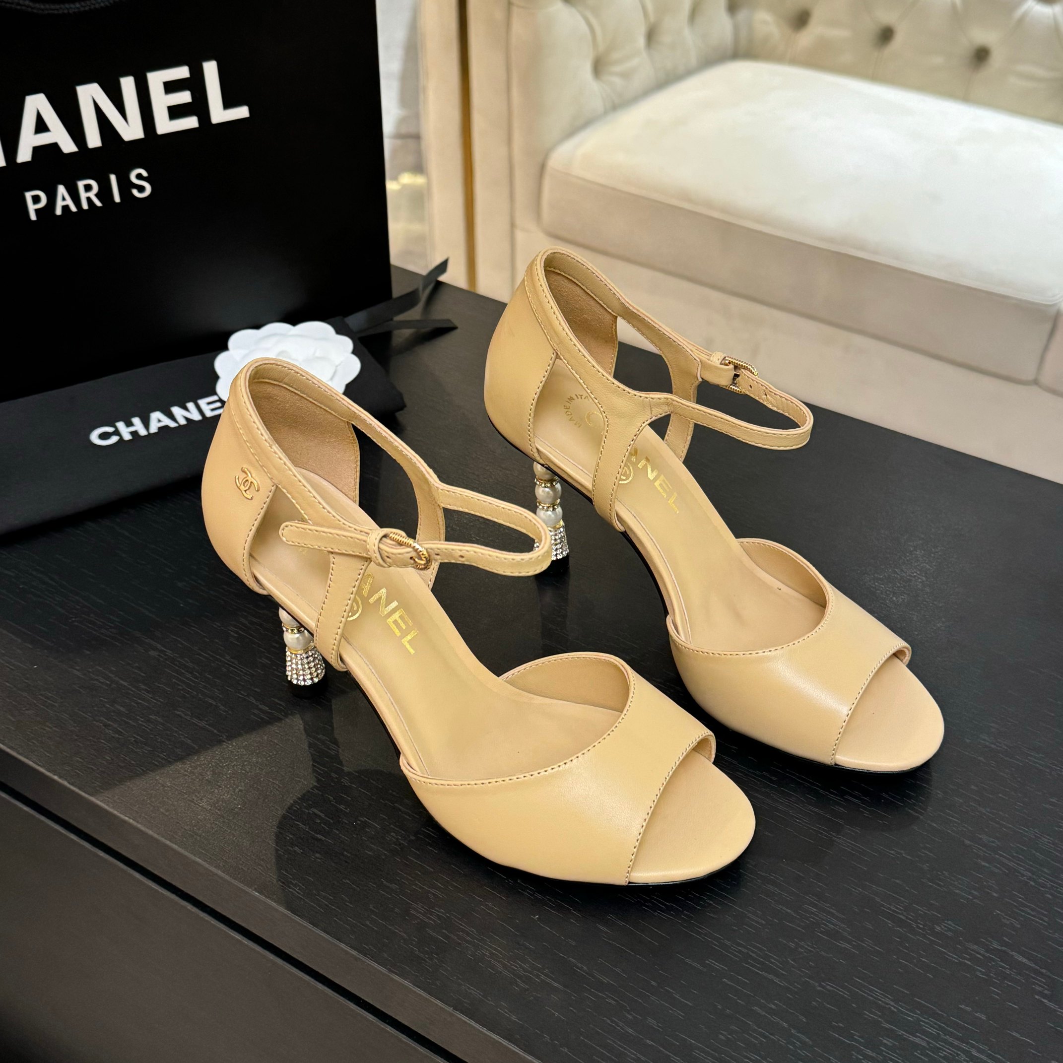 Chanel Women's Pearl Heel Open Toe Sandal, Elegant High Heel, Beige Leather 4 a1745832399472 5700