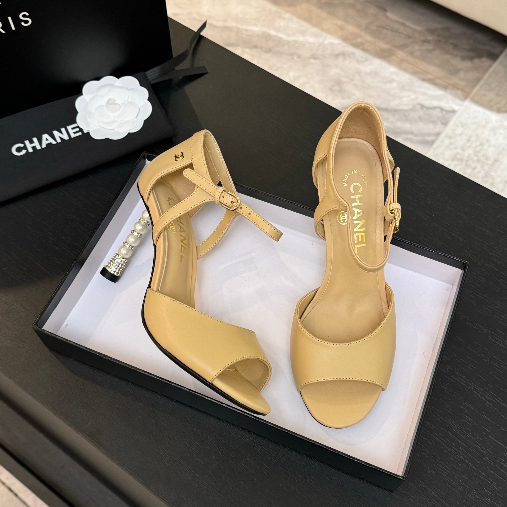 Chanel Women's Pearl Heel Open Toe Sandal, Elegant High Heel, Beige Leather 9 a1745832401027 5035