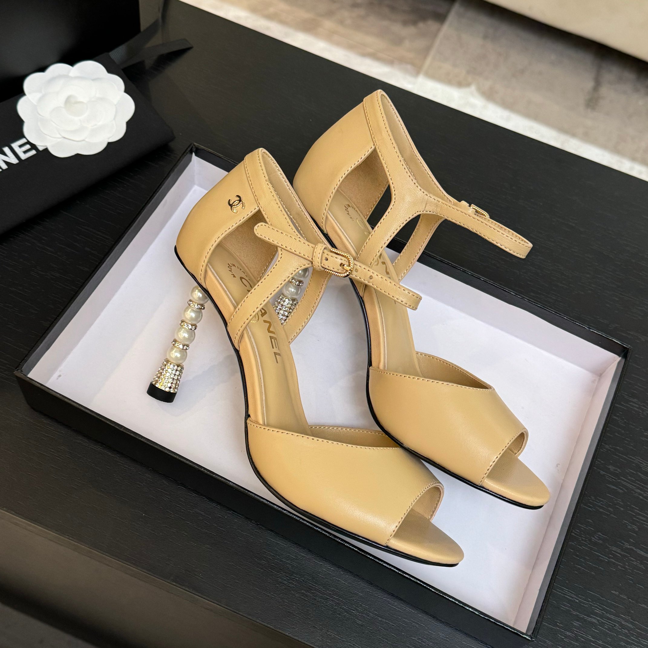 Chanel Women's Pearl Heel Open Toe Sandal, Elegant High Heel, Beige Leather 2 a1745832401071 1201