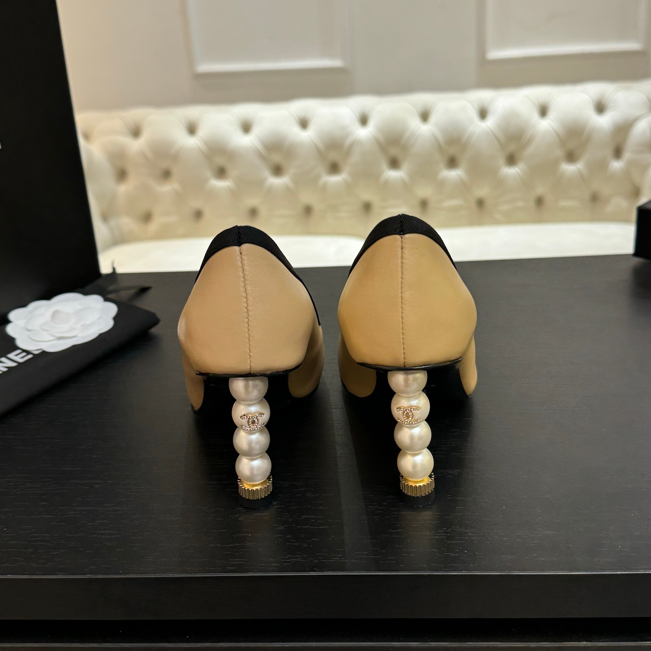 Chanel Women's Beige & Black Leather Pointed Toe Pearl Heel Pumps 10 a1745832514584 4032