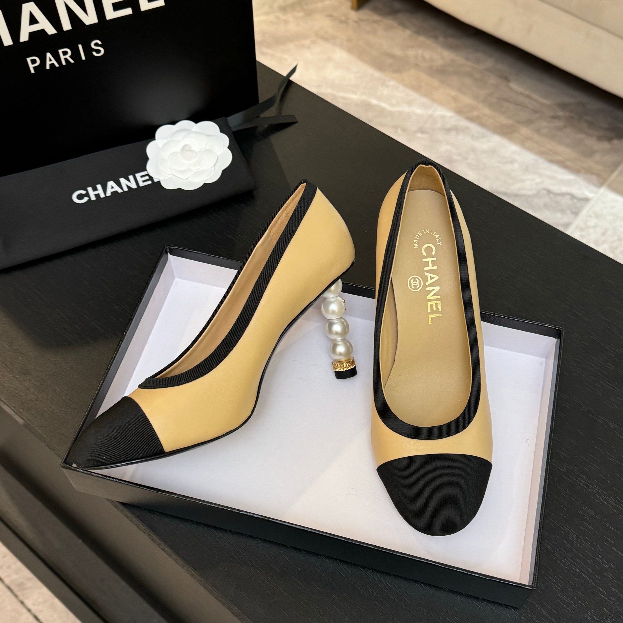 Chanel Women's Beige & Black Leather Pointed Toe Pearl Heel Pumps 3 a1745832514660 3832