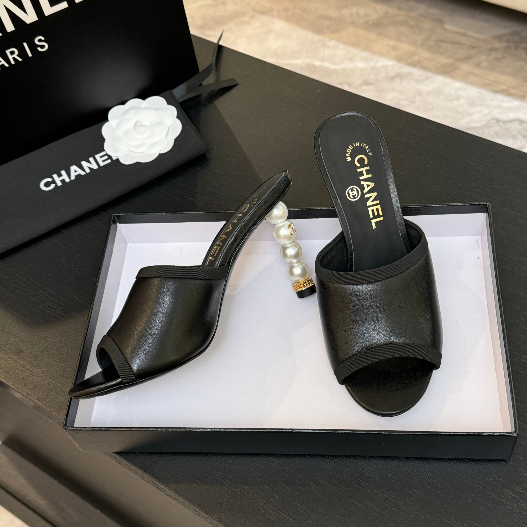 Chanel Women's Pearl Heel Leather Mules Open-Toe Sandals 6 a1745832558294 3132