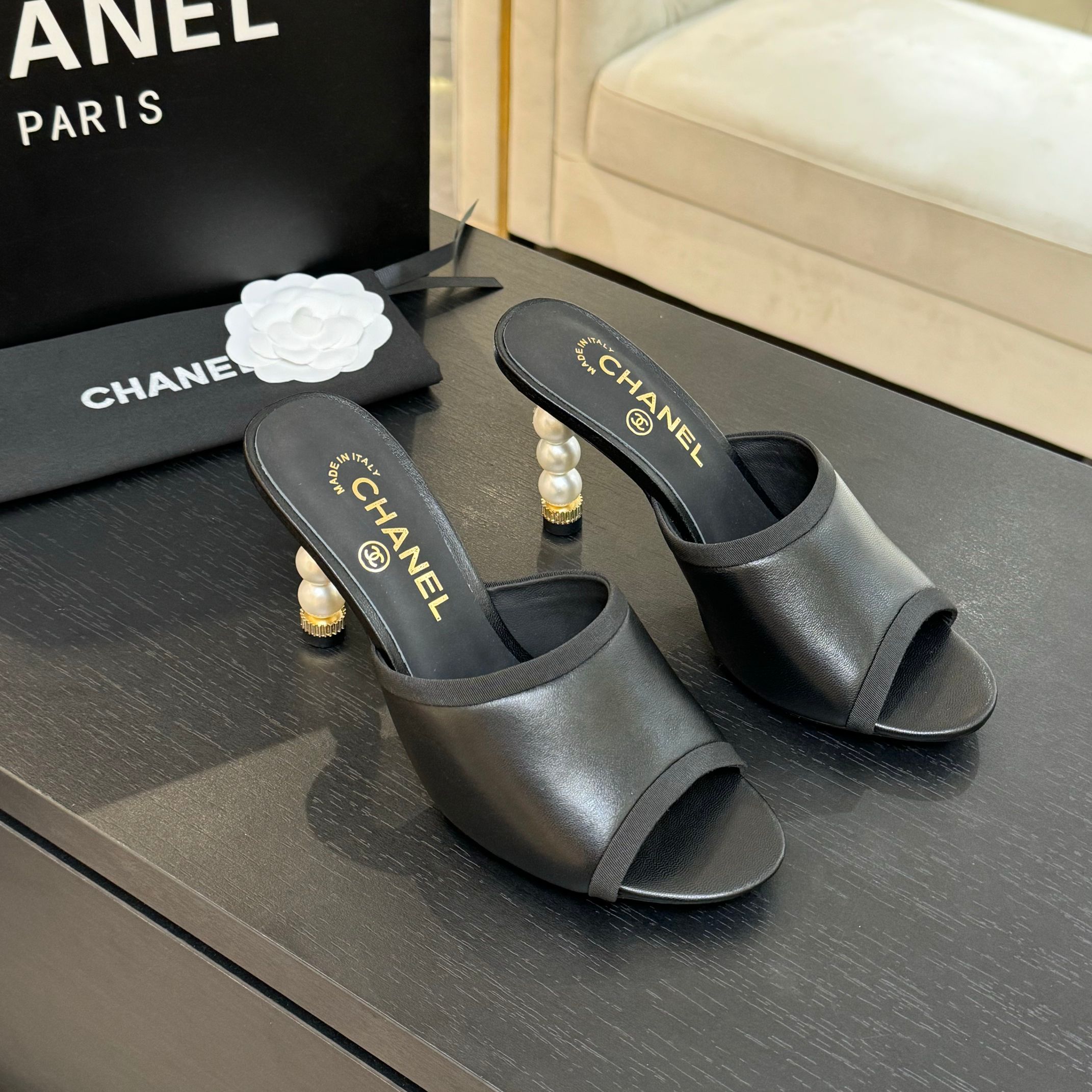Chanel Women's Pearl Heel Leather Mules Open-Toe Sandals 1 Chanel Women's Pearl Heel Leather Mules Open-Toe Sandals