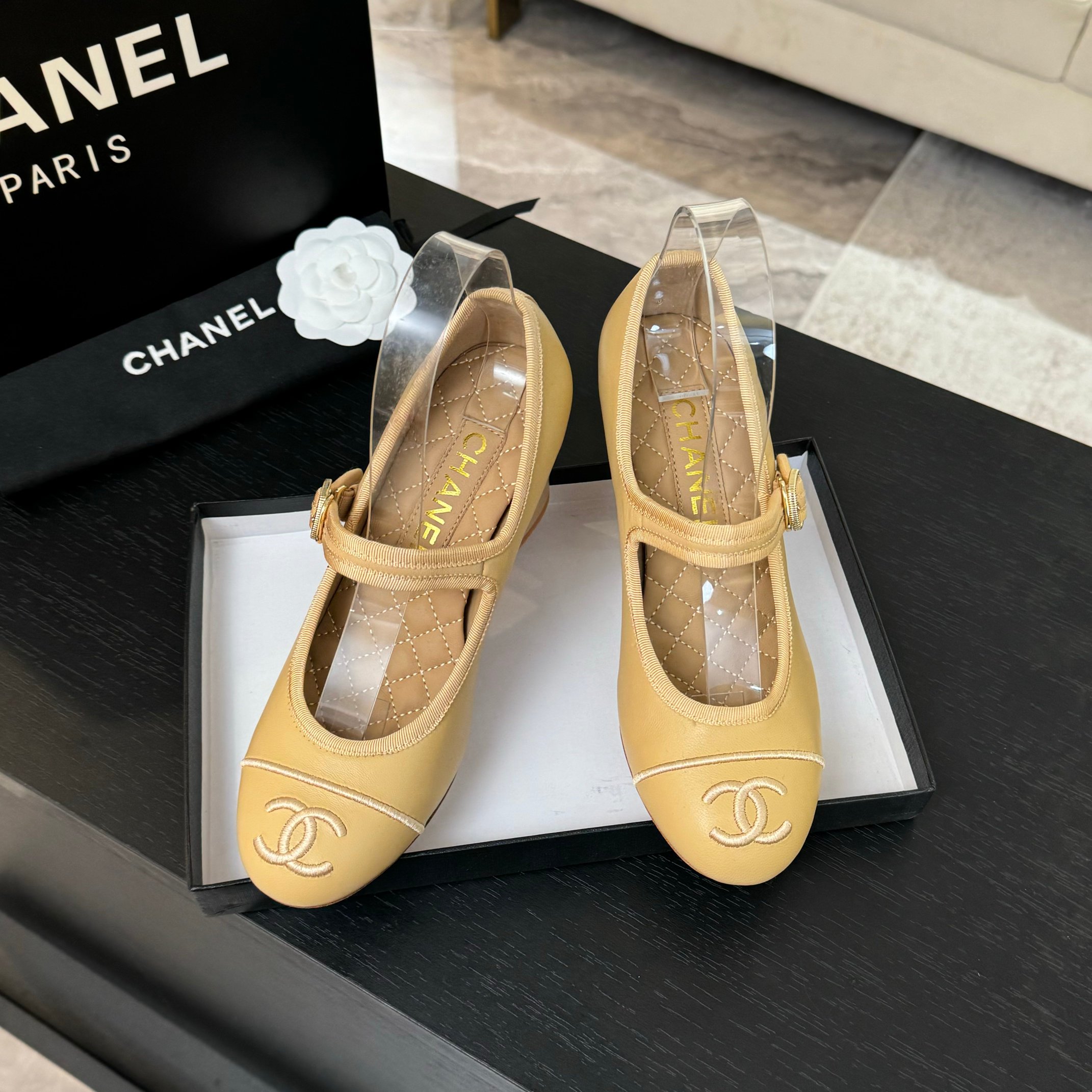 Chanel-Inspired Mary Jane Ballet Pumps - Lambskin & Satin, Leather Sole 8 a1746512150679 6022