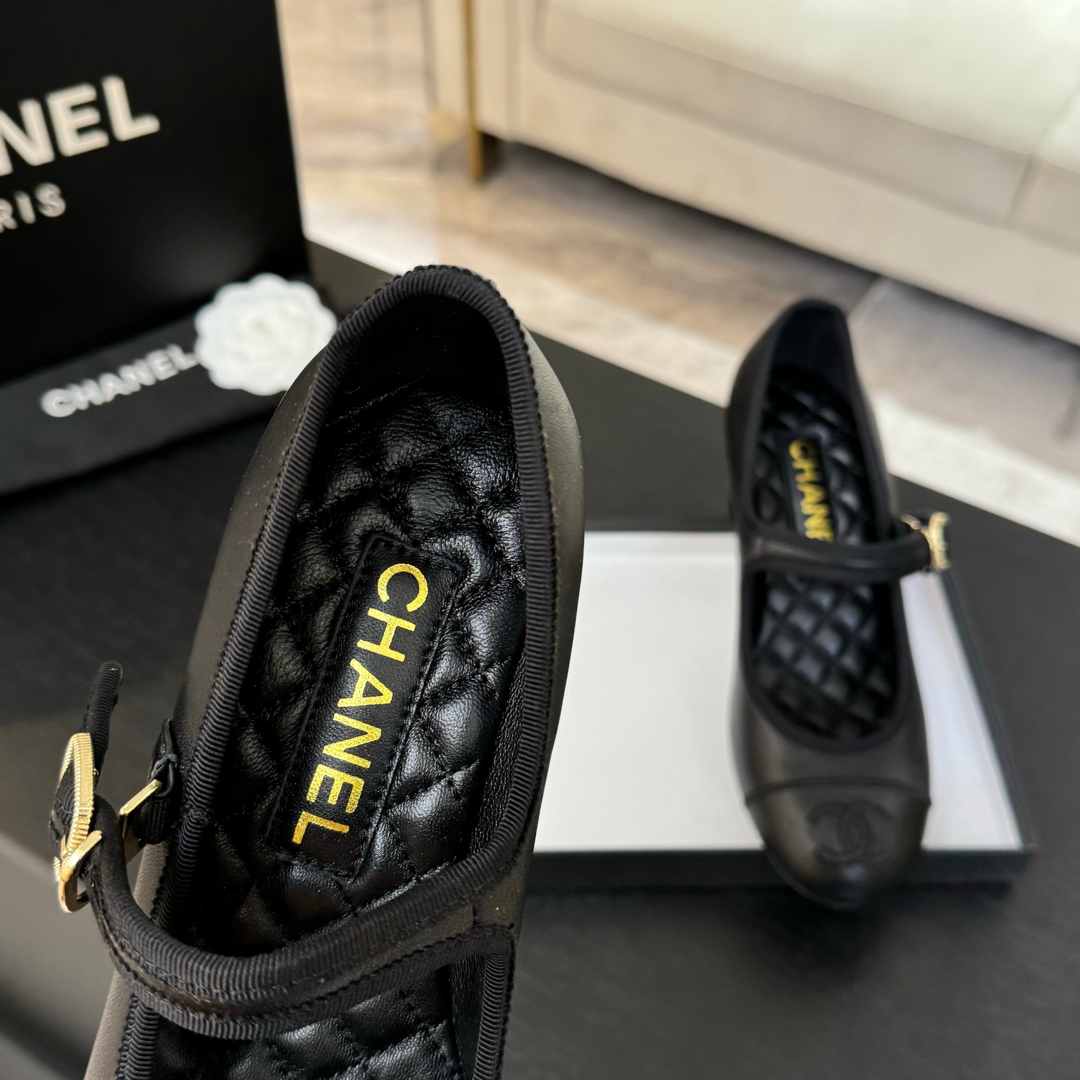 Chanel Mary Jane Ballet Pumps Lambskin & Grosgrain Black Shoes 4 a1746512184639 7537