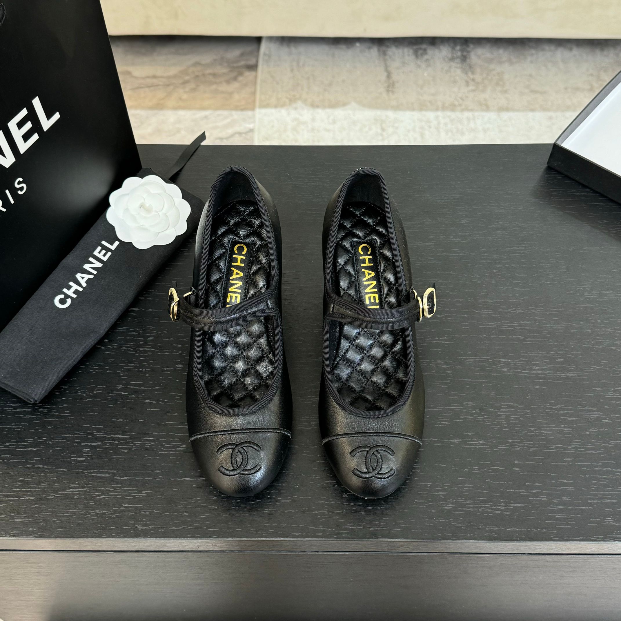 Chanel Mary Jane Ballet Pumps Lambskin & Grosgrain Black Shoes 3 a1746512185057 2738