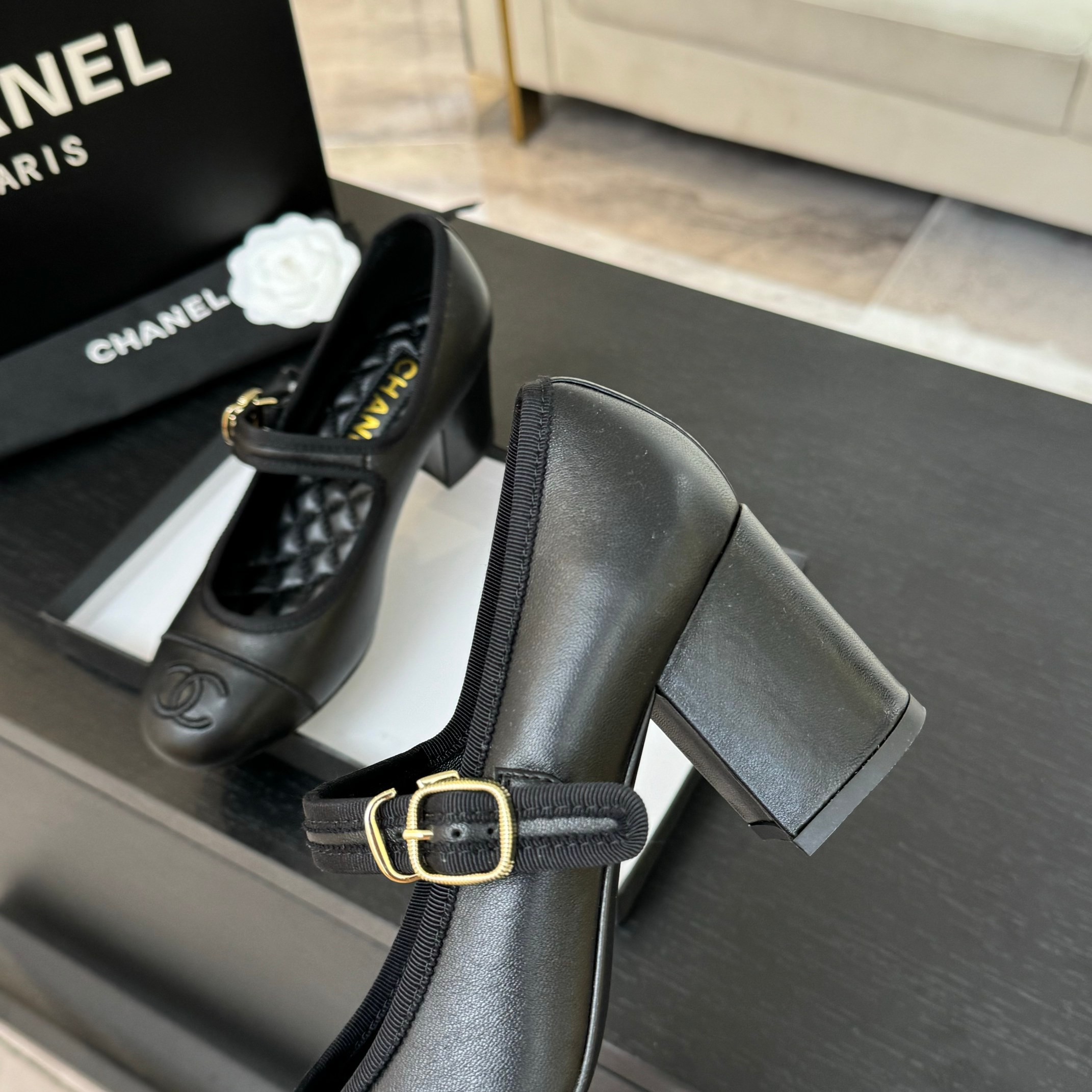 Chanel Mary Jane Ballet Pumps Lambskin & Grosgrain Black Shoes 7 a1746512186614 5028