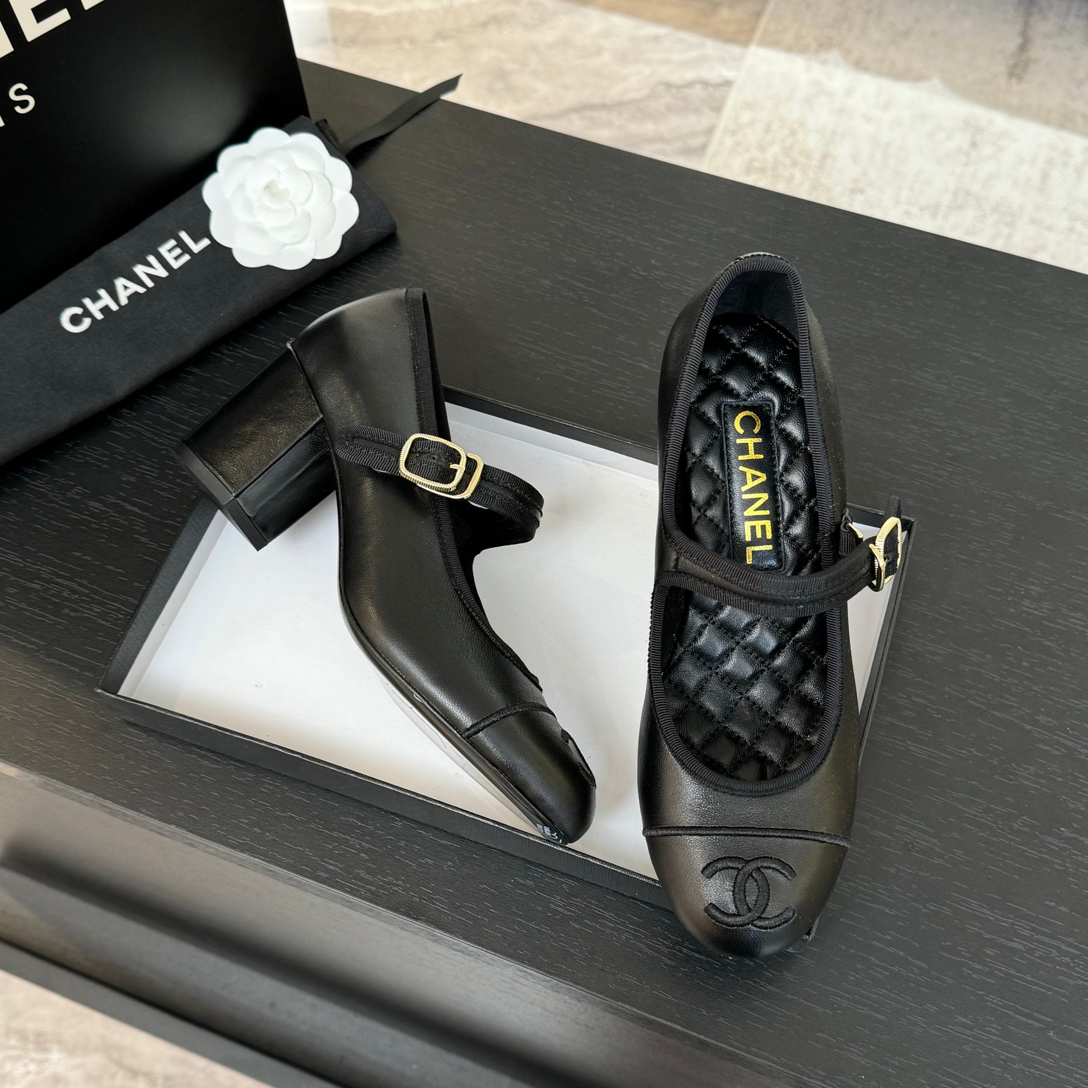 Chanel Mary Jane Ballet Pumps Lambskin & Grosgrain Black Shoes 9 a1746512186778 0476