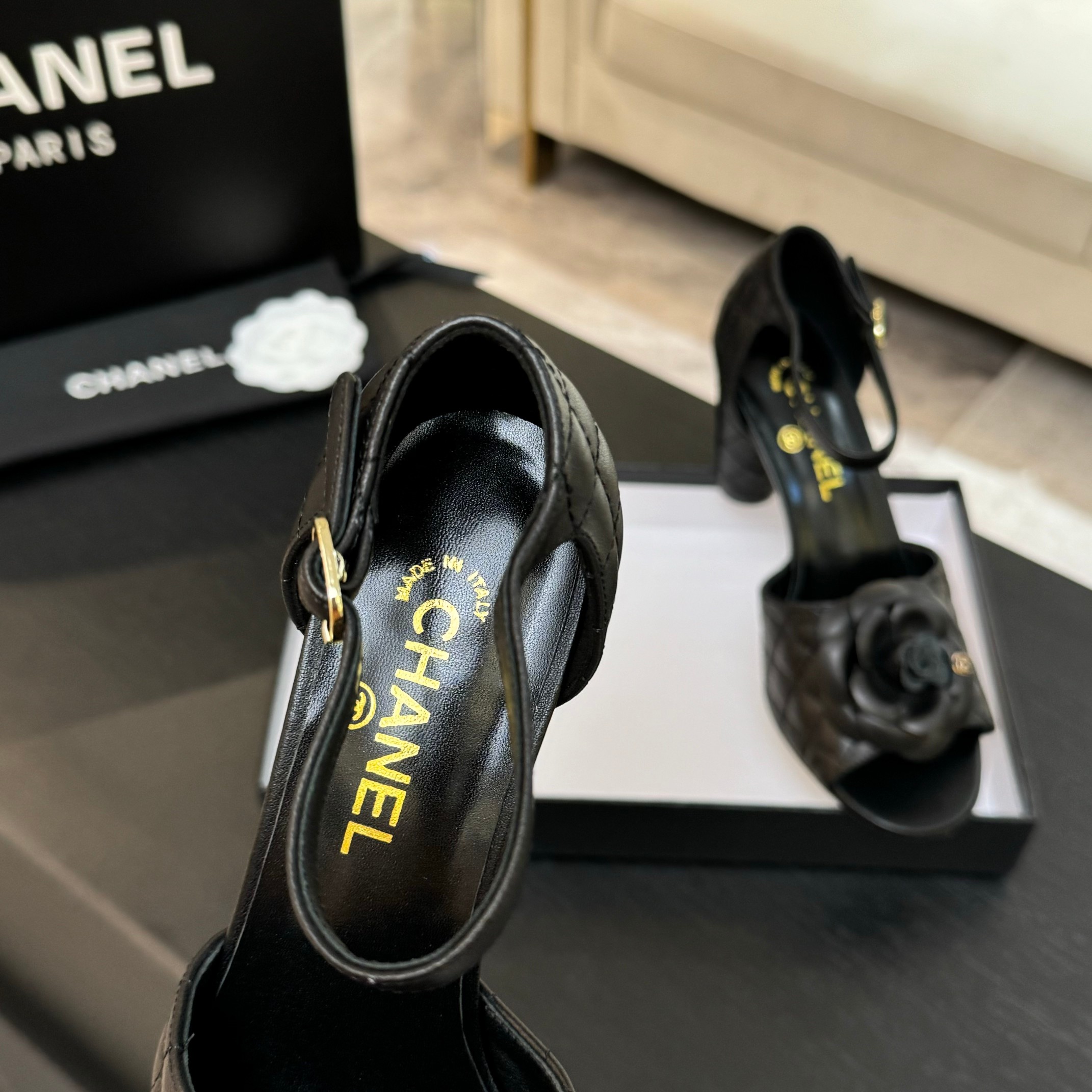 Chanel Women's Camellia Flower High Heel Sandals, Genuine Leather 7 a1746697992279 0265
