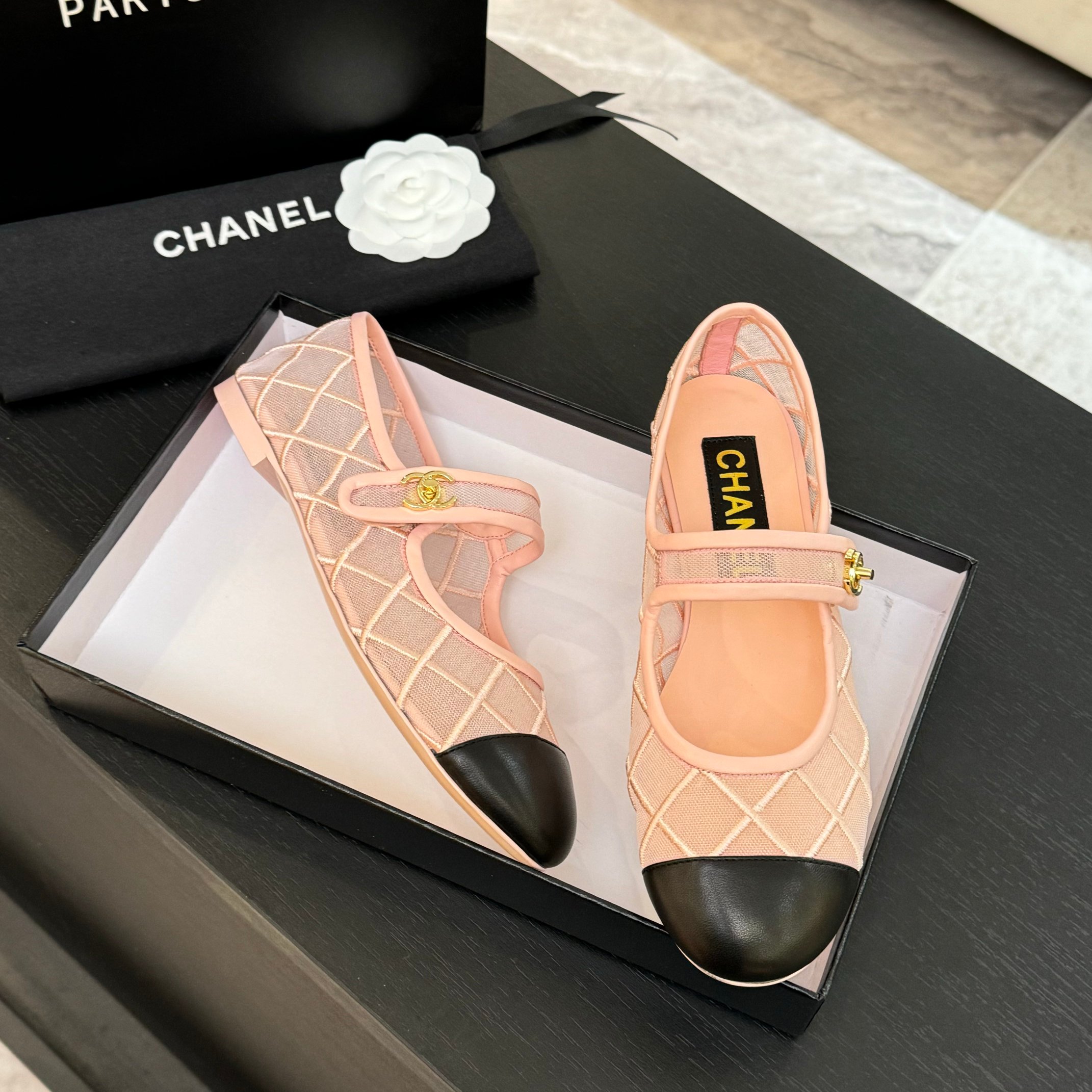 Chanel Women's Pink & Black Mesh Mary Jane Ballet Flats Shoes 5 a1746865622643 0004