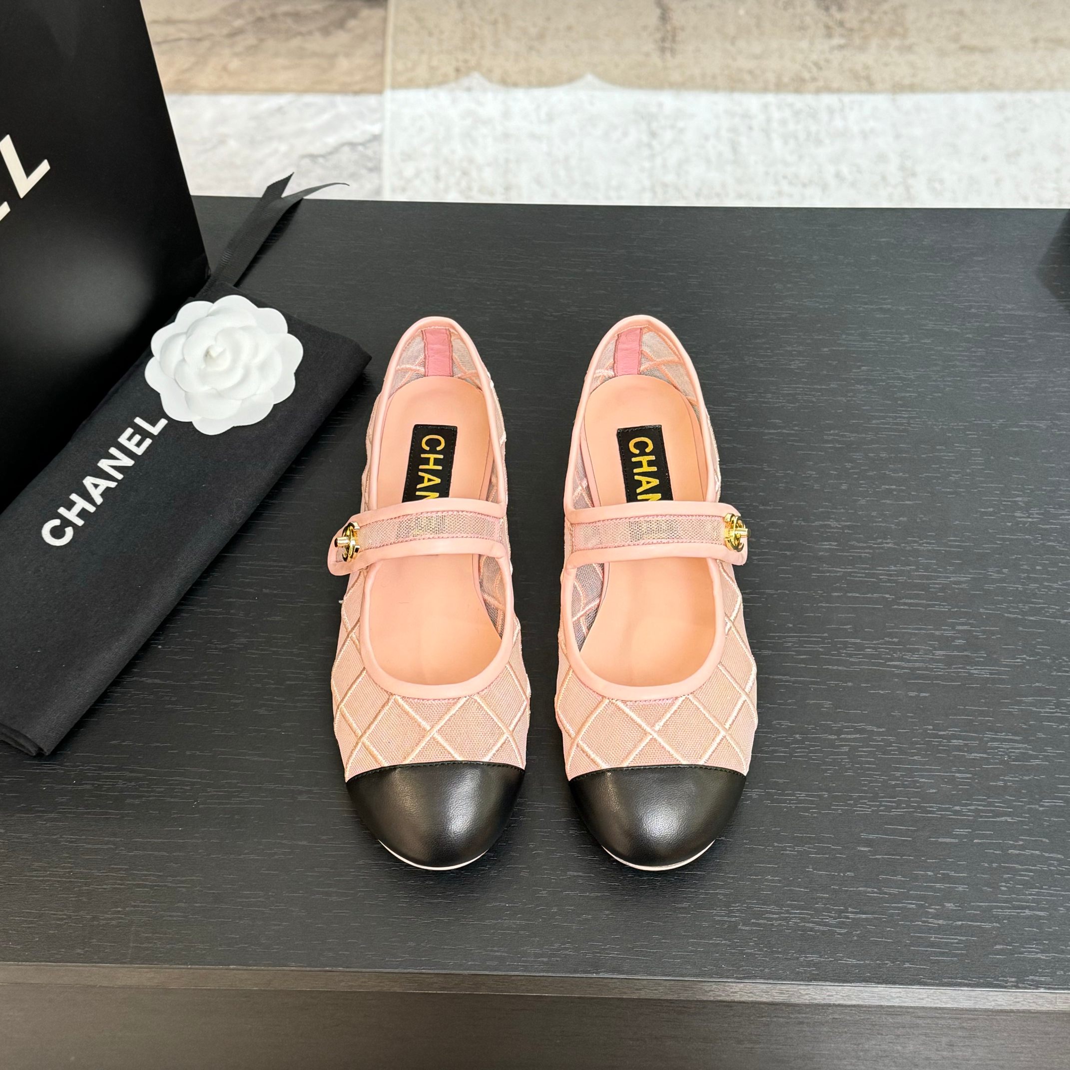Chanel Women's Pink & Black Mesh Mary Jane Ballet Flats Shoes 3 a1746865622888 2562