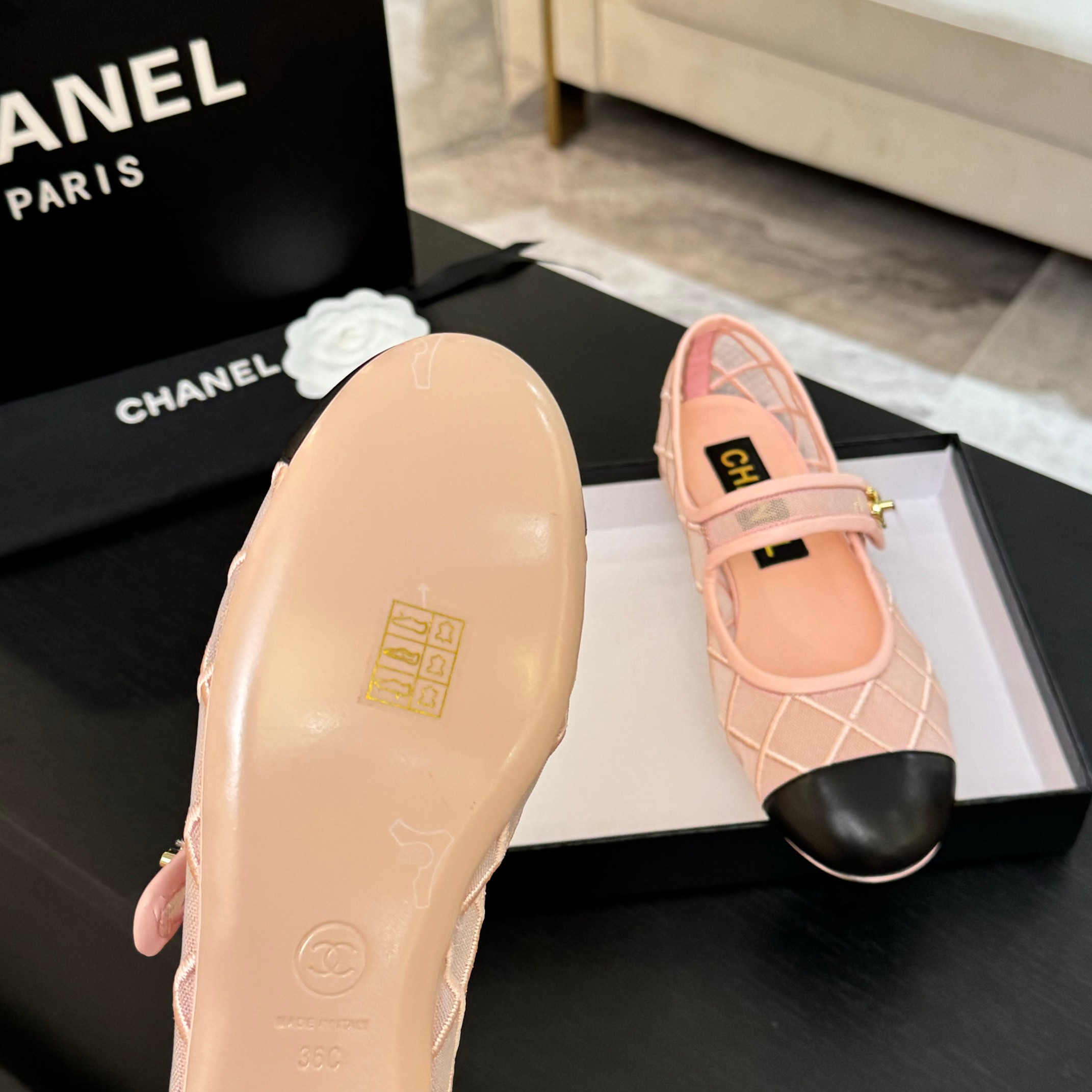 Chanel Women's Pink & Black Mesh Mary Jane Ballet Flats Shoes 9 a1746865625969 5373