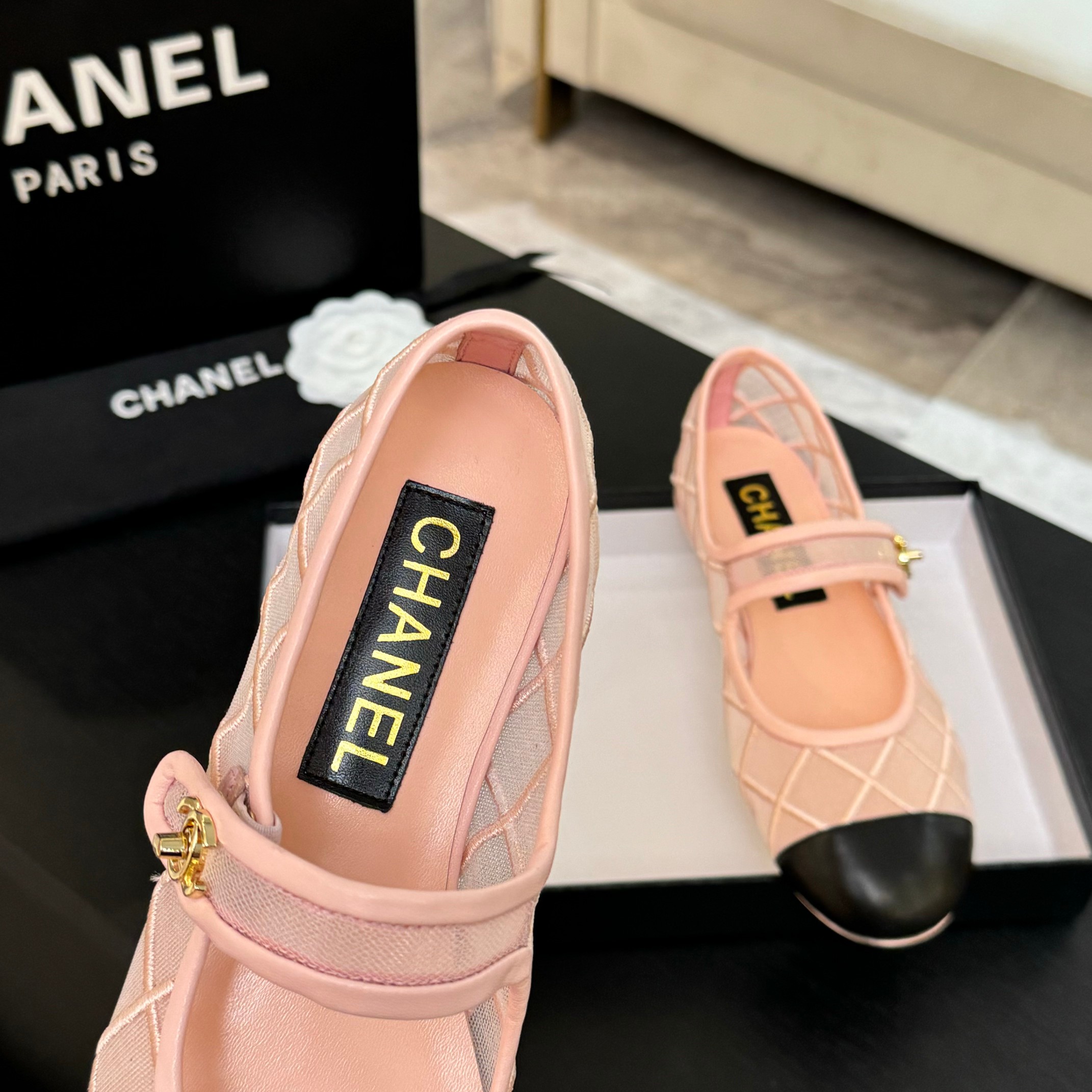 Chanel Women's Pink & Black Mesh Mary Jane Ballet Flats Shoes 10 a1746865626001 6846