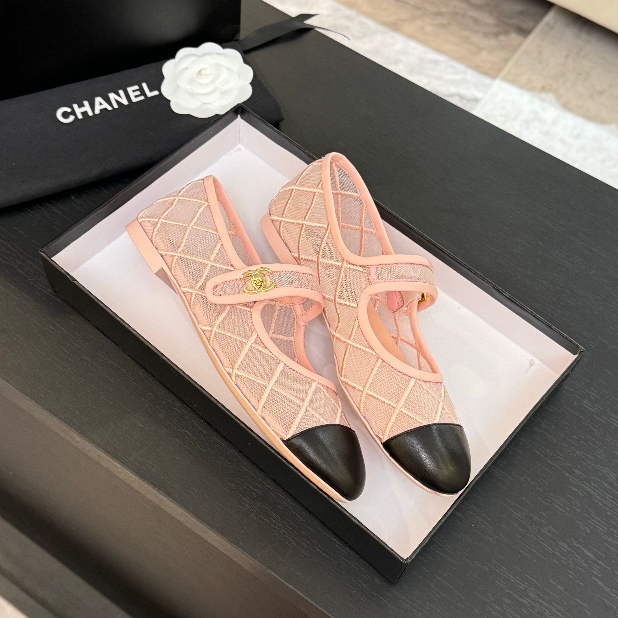 Chanel Women's Pink & Black Mesh Mary Jane Ballet Flats Shoes 7 a1746865626061 4145