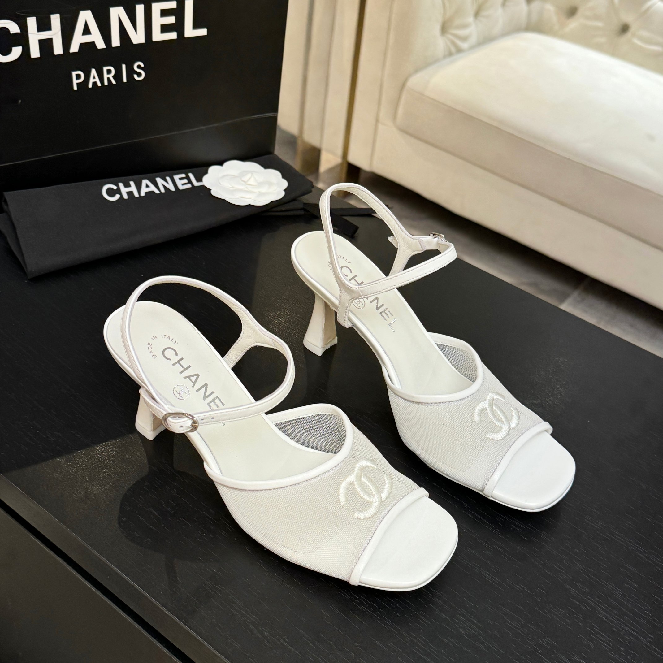Chanel White Mesh CC Heel Sandals