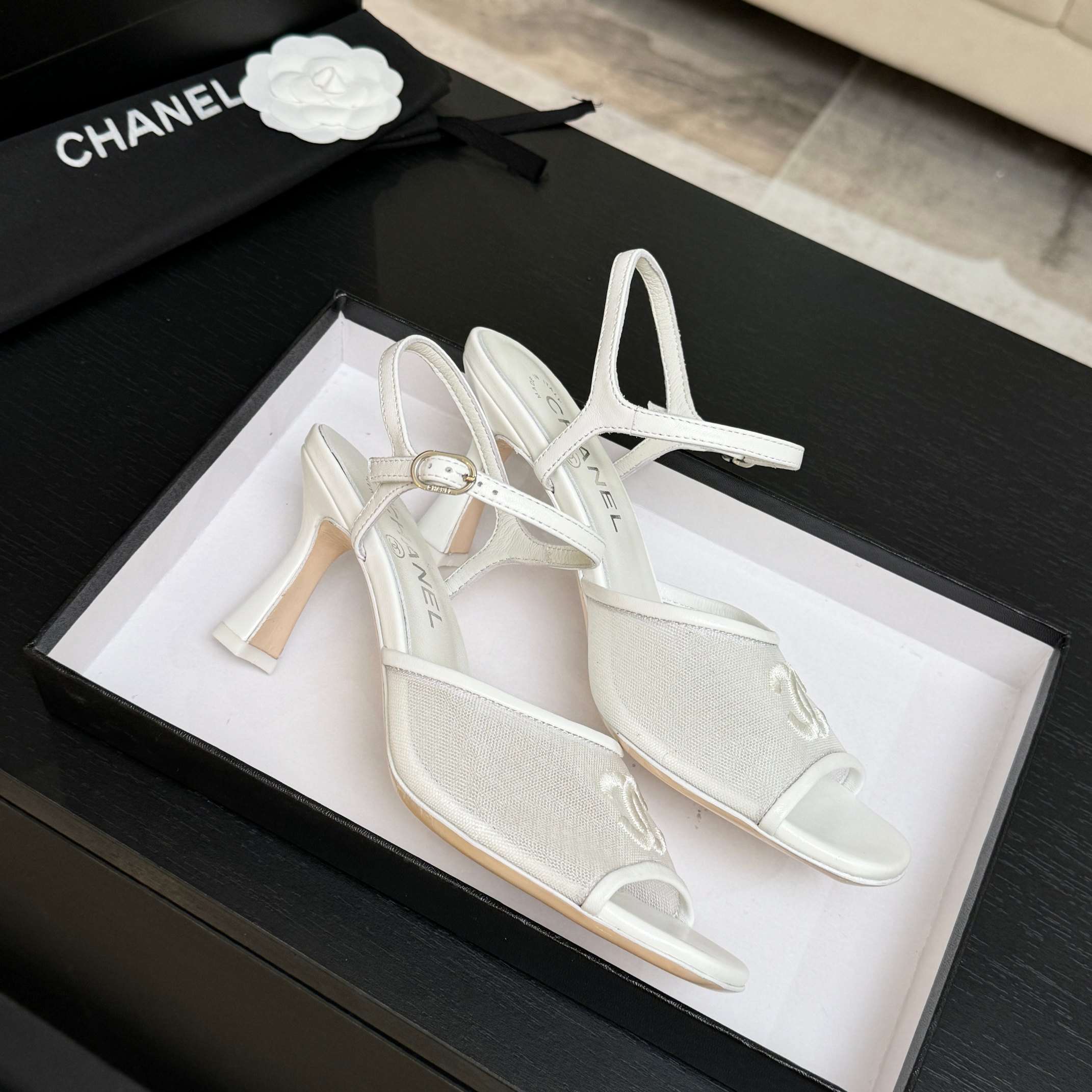 Chanel White Mesh CC Heel Sandals
