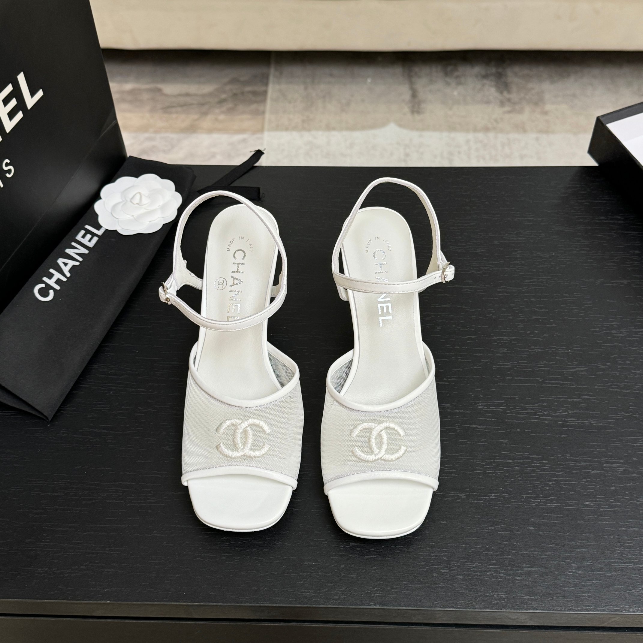 Chanel White Mesh CC Heel Sandals