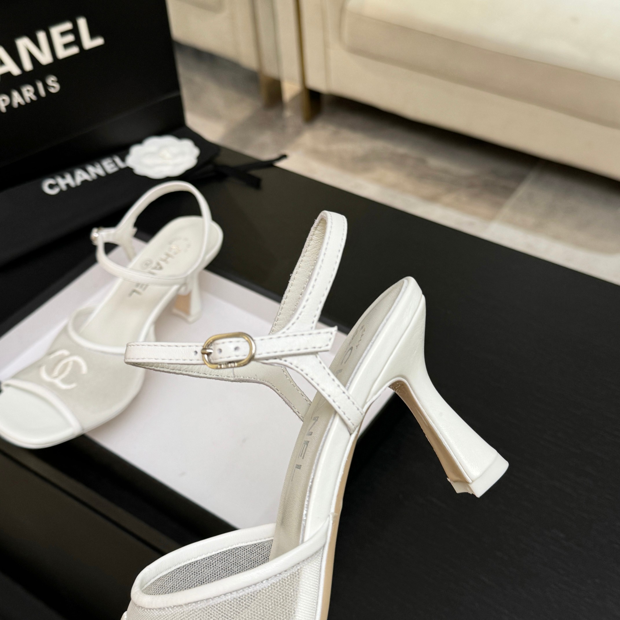 Chanel White Mesh CC Heel Sandals