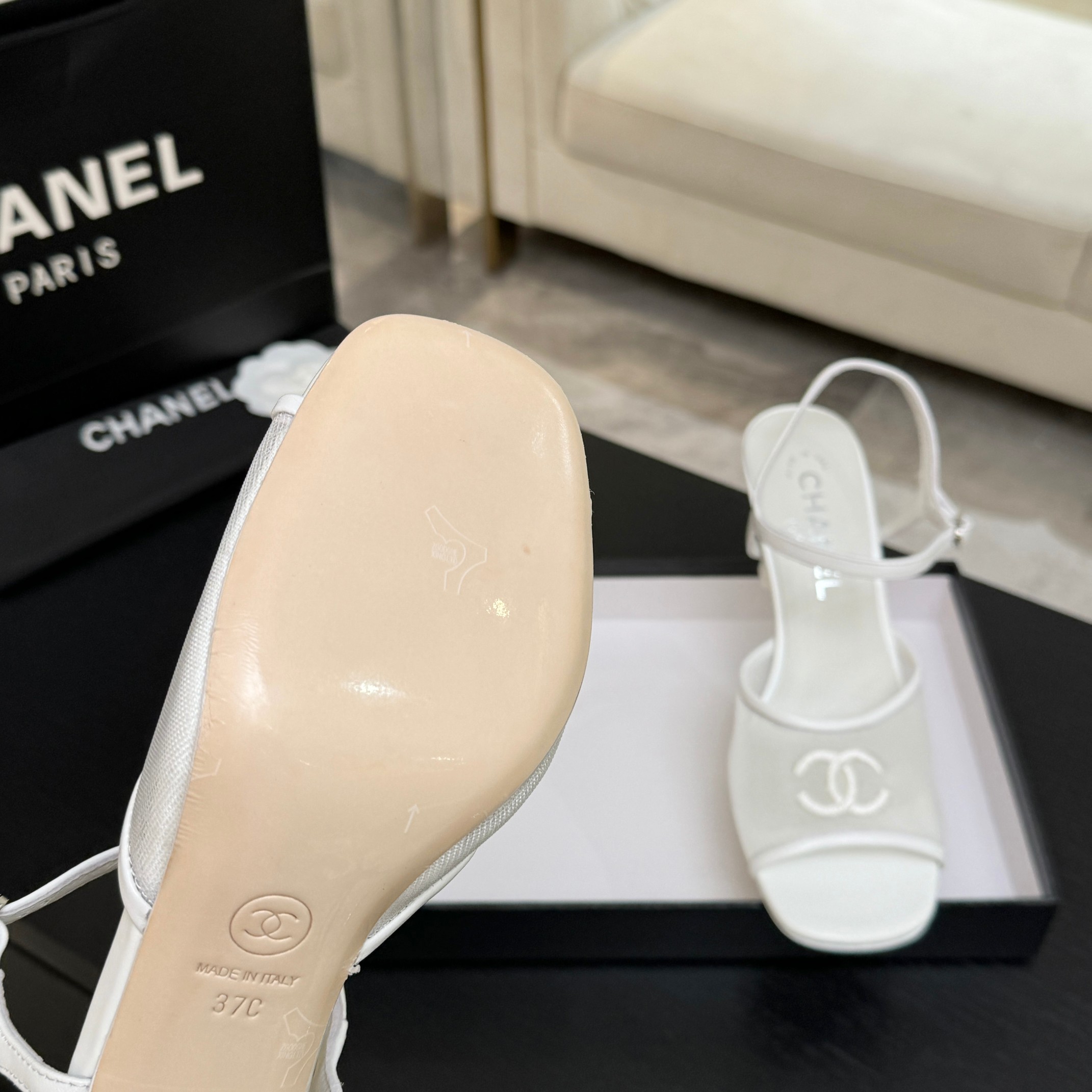 Chanel White Mesh CC Heel Sandals