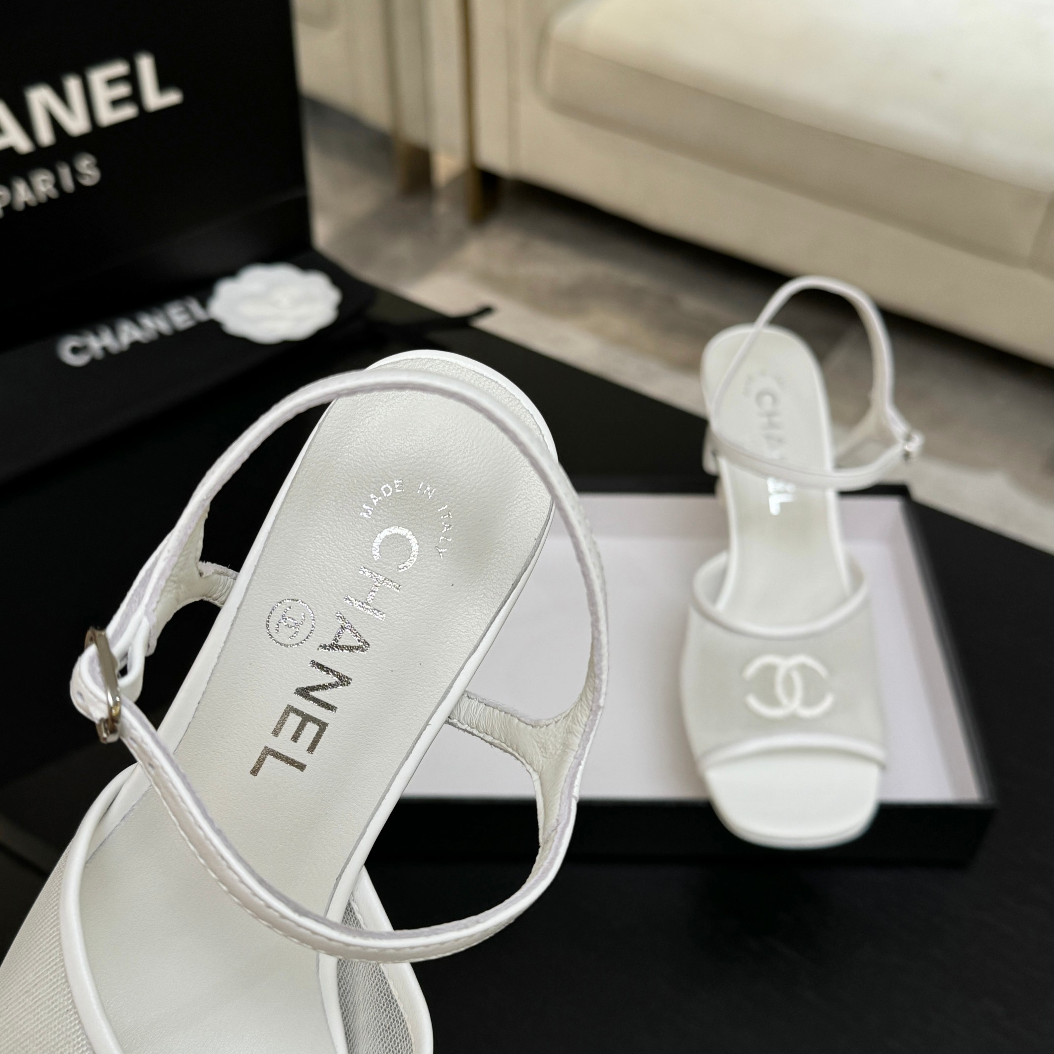 Chanel White Mesh CC Heel Sandals