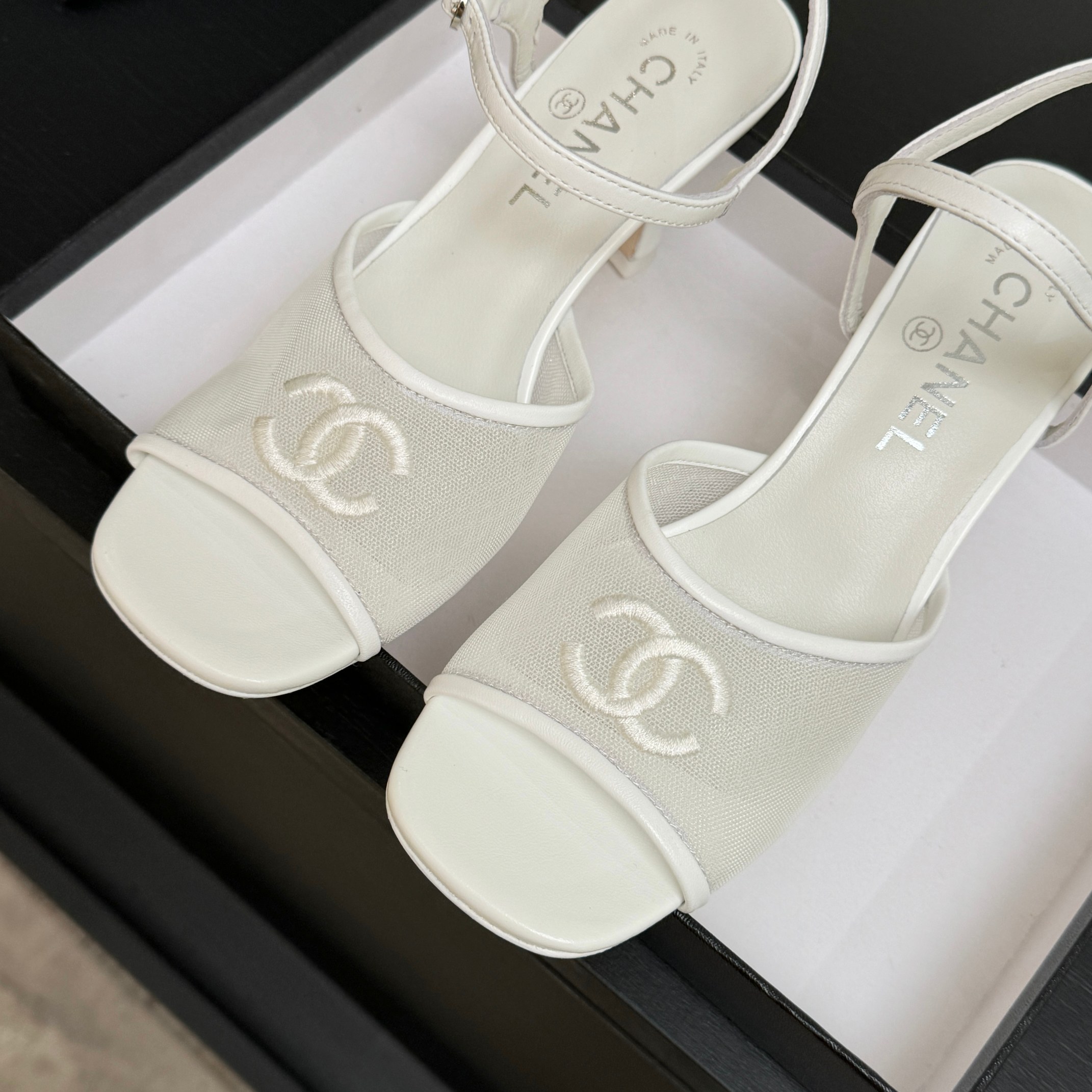 Chanel White Mesh CC Heel Sandals