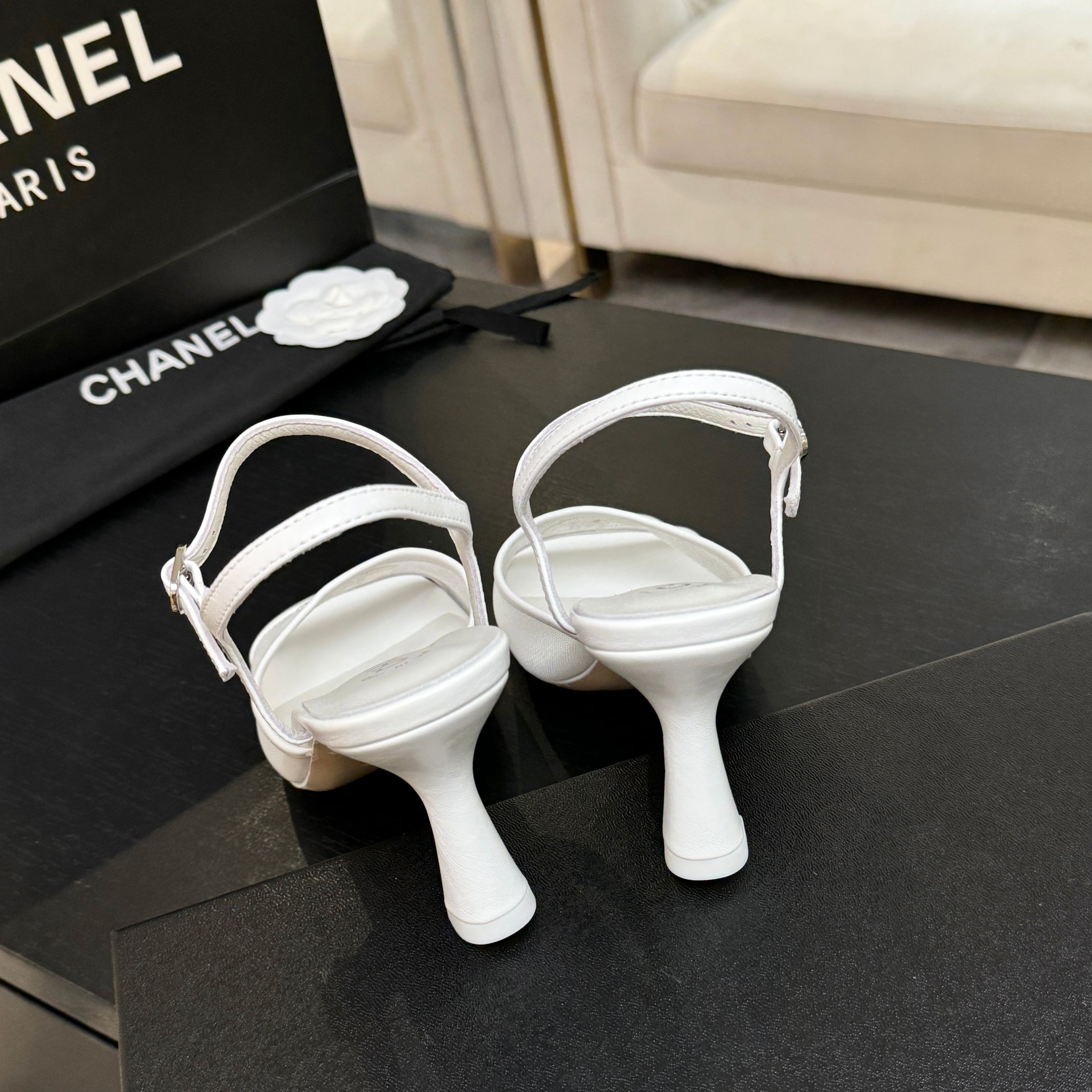 Chanel White Mesh CC Heel Sandals