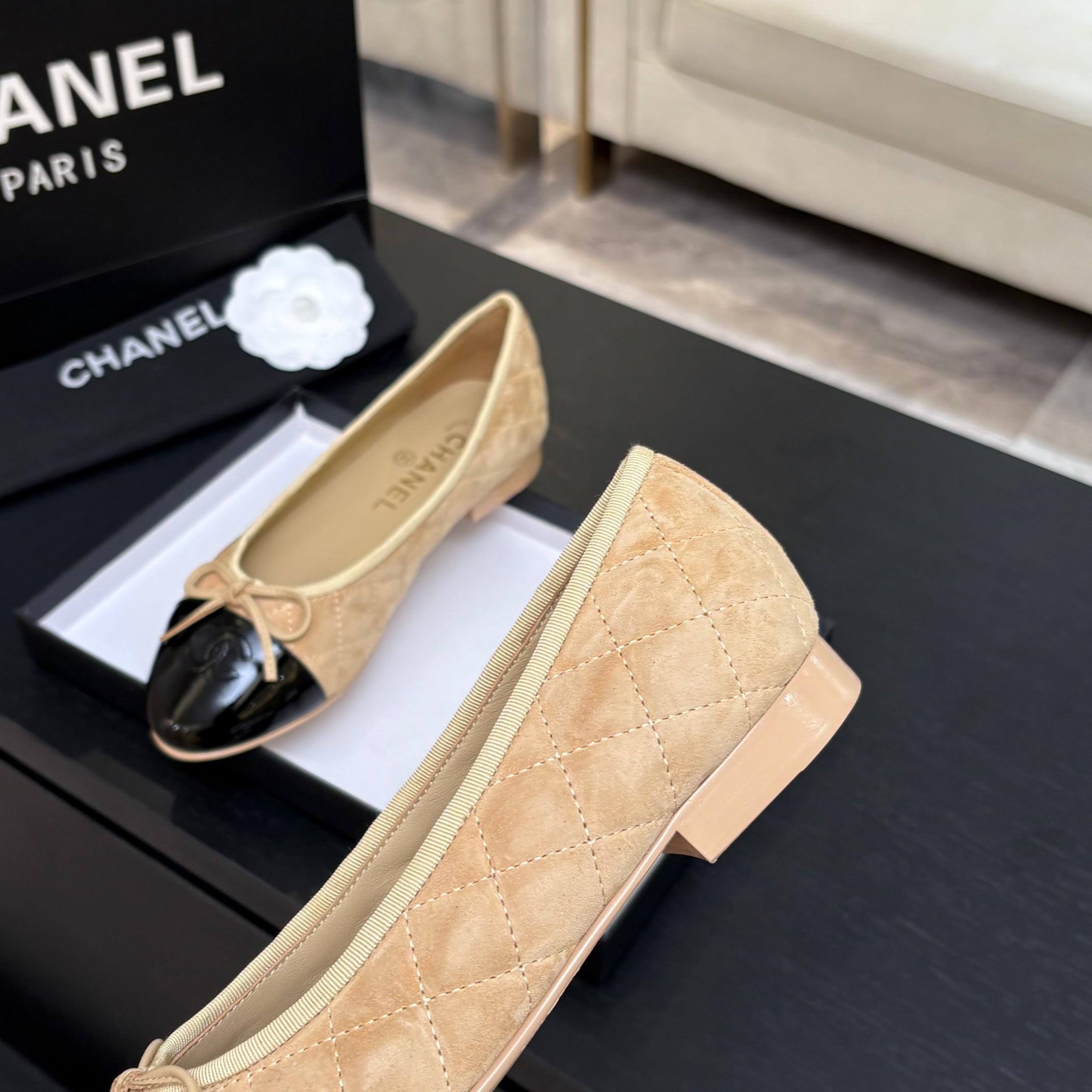 Chanel Quilted Cap-Toe Ballet Flats