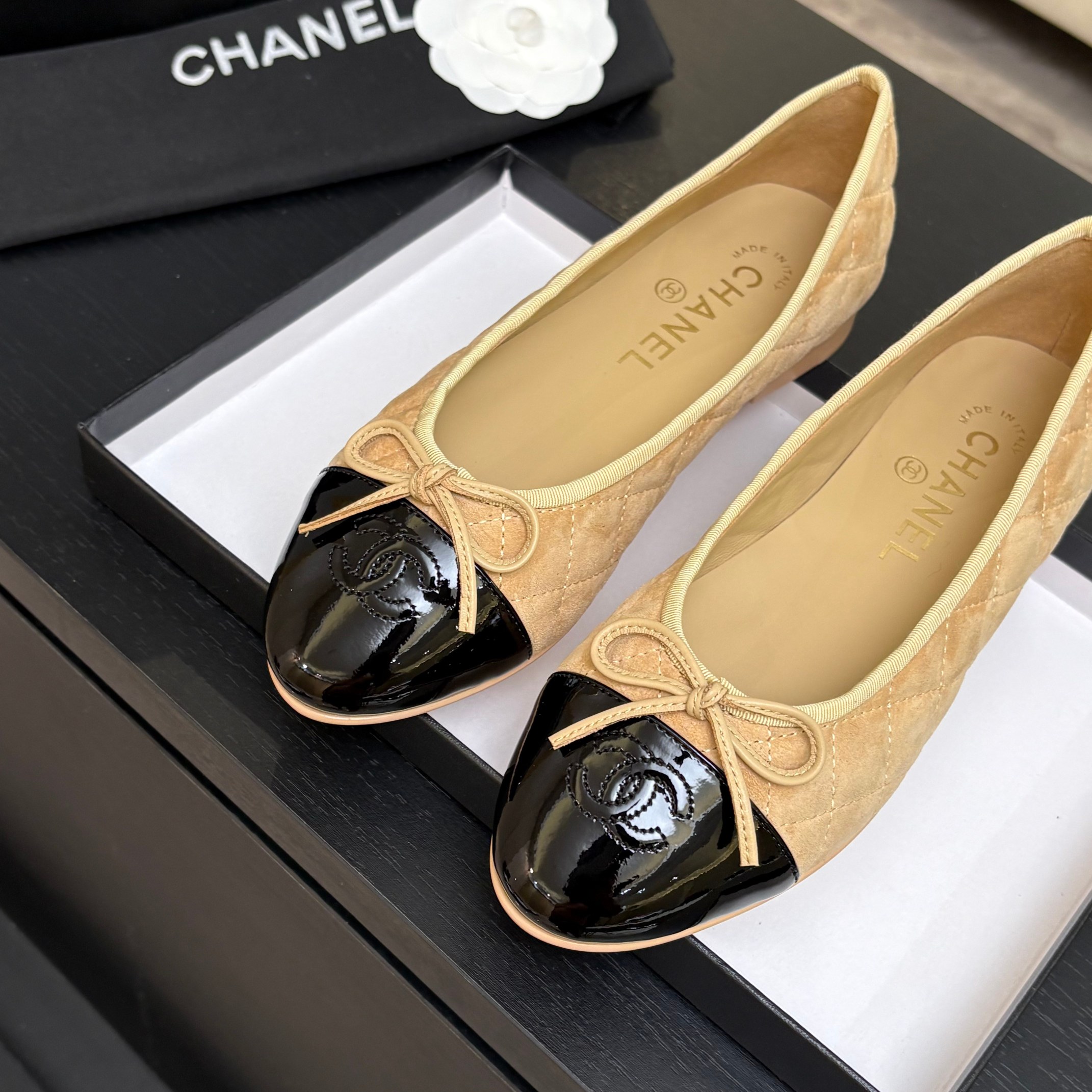 Chanel Quilted Cap-Toe Ballet Flats
